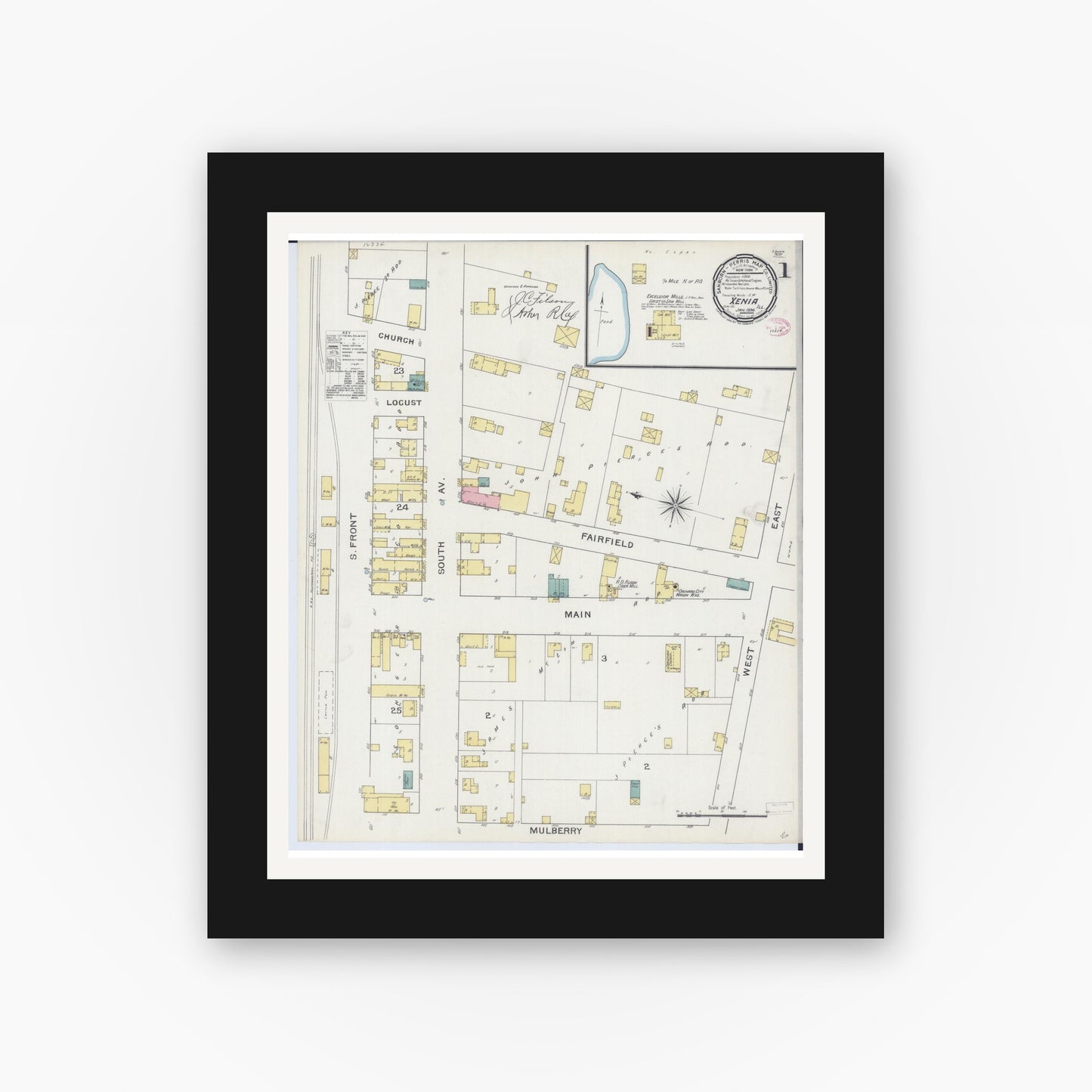 Old map wall art mockup — black gallery frame with white mat — Sanborn Fire Insurance Map from Xenia, Clay County, Illinois (1894), Sheet #0001