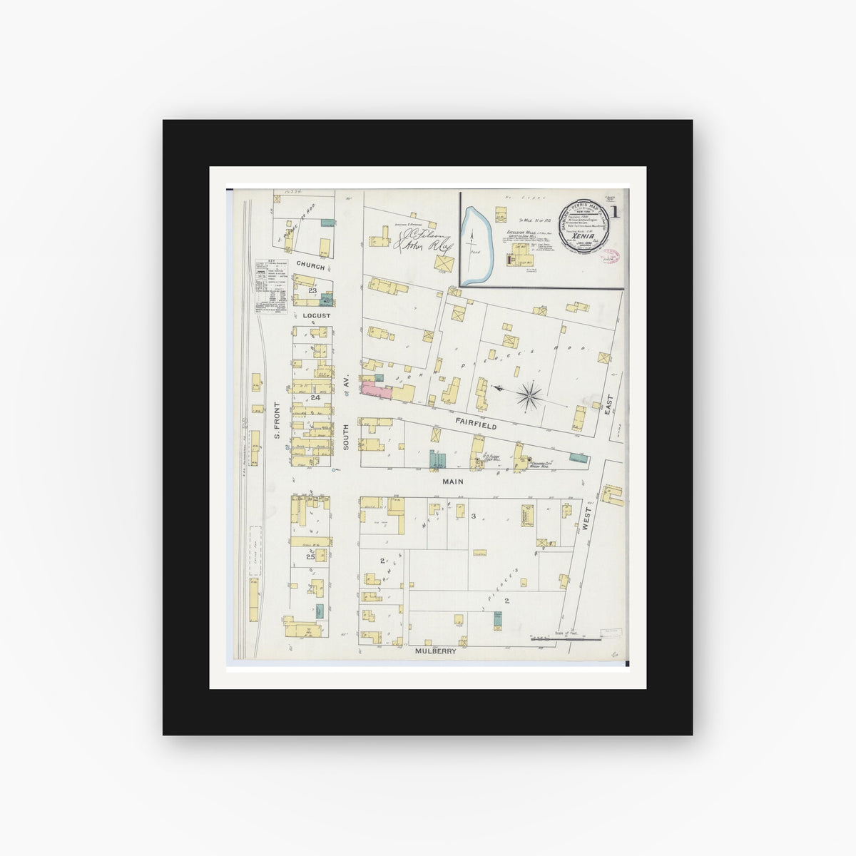 Old map wall art mockup — black gallery frame with white mat — Sanborn Fire Insurance Map from Xenia, Clay County, Illinois (1894), Sheet #0001