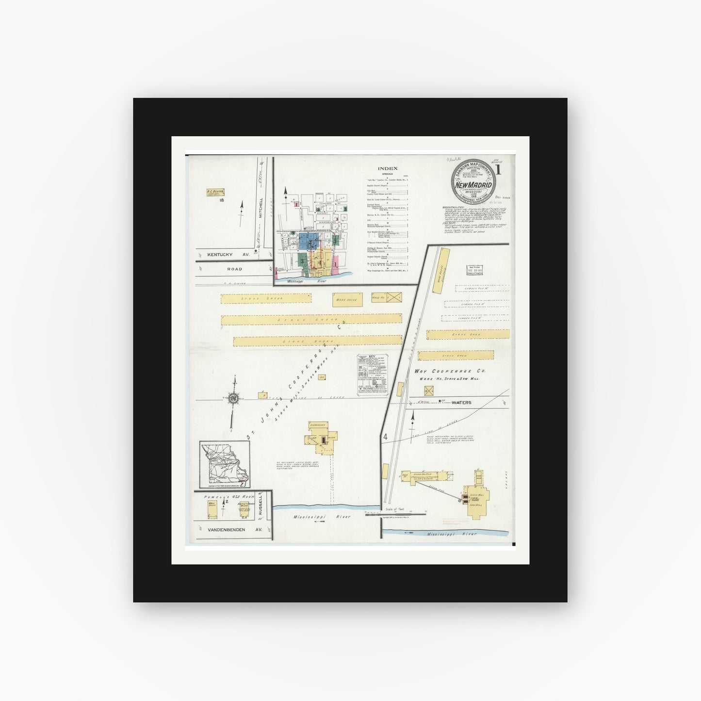 Old map wall art mockup — black gallery frame with white mat — Sanborn Fire Insurance Map from New Madrid, New Madrid County, Missouri (1919) - Complete Map Set
