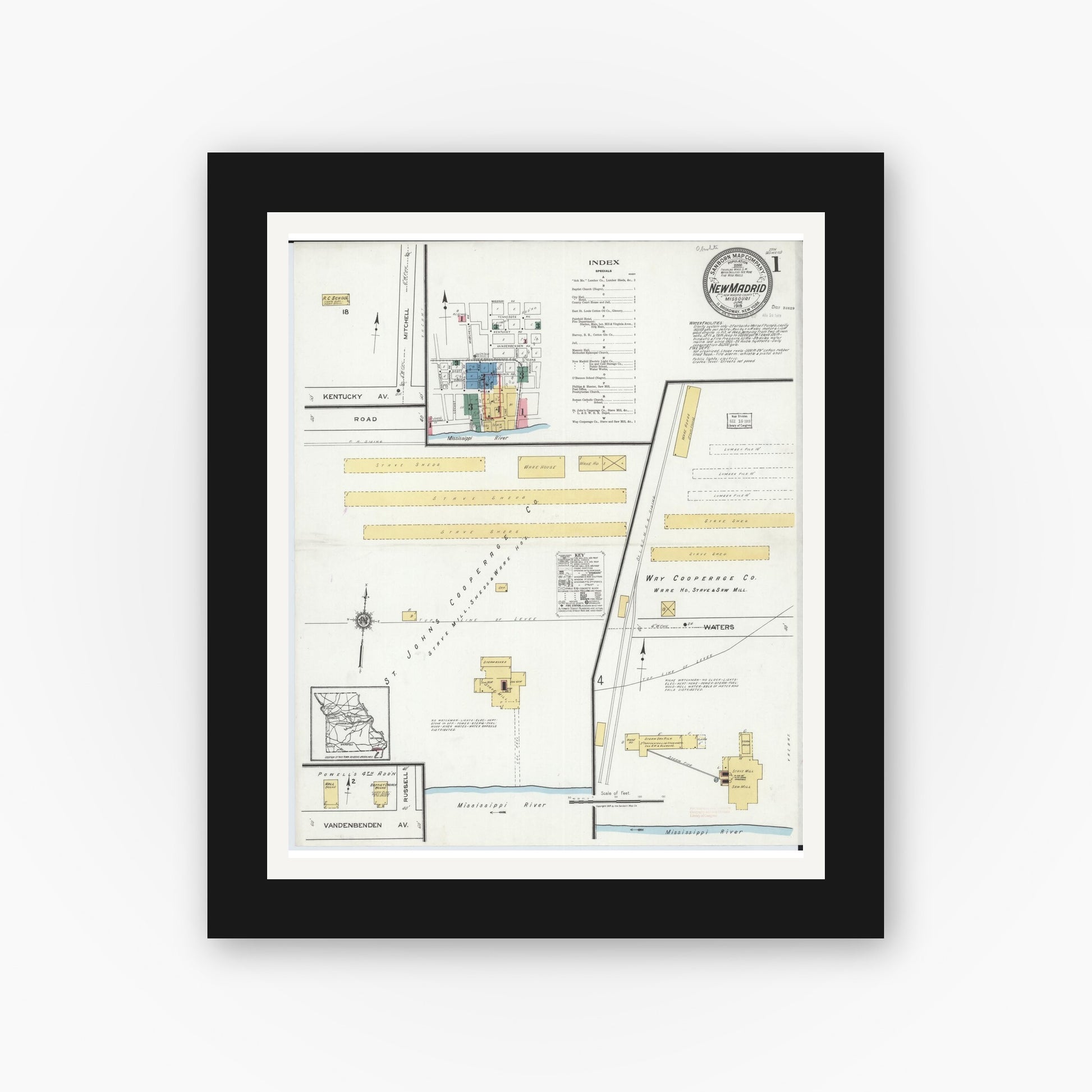 Old map wall art mockup — black gallery frame with white mat — Sanborn Fire Insurance Map from New Madrid, New Madrid County, Missouri (1919) - Complete Map Set