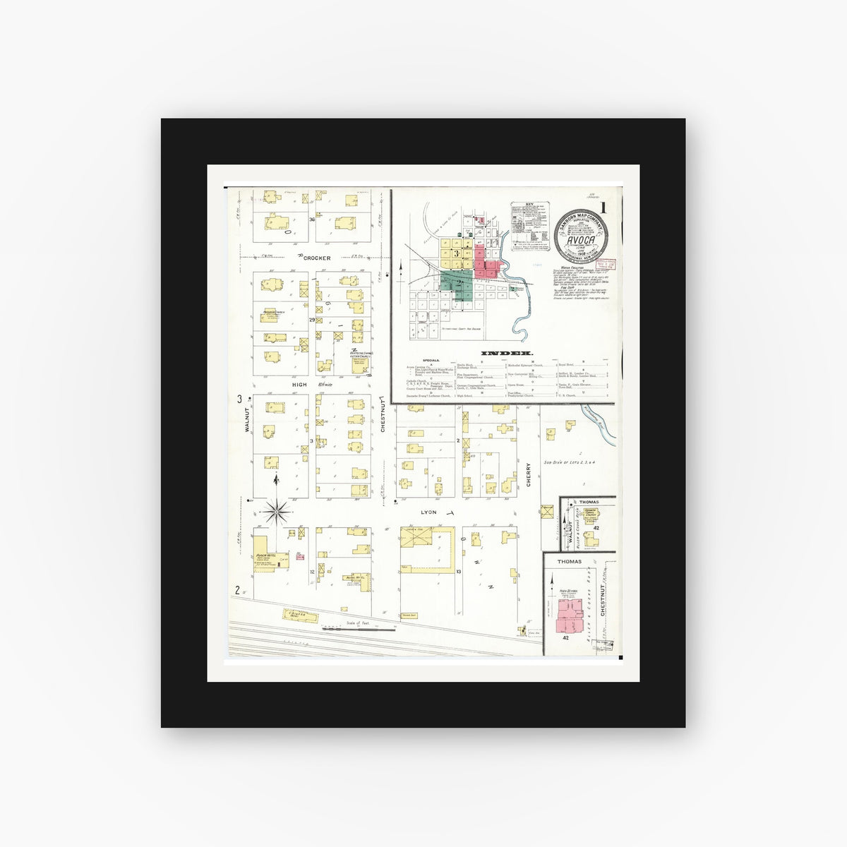 Old map wall art mockup — black gallery frame with white mat — Sanborn Fire Insurance Map from Avoca, Pottawattamie County, Iowa (1909) â€” Complete Set