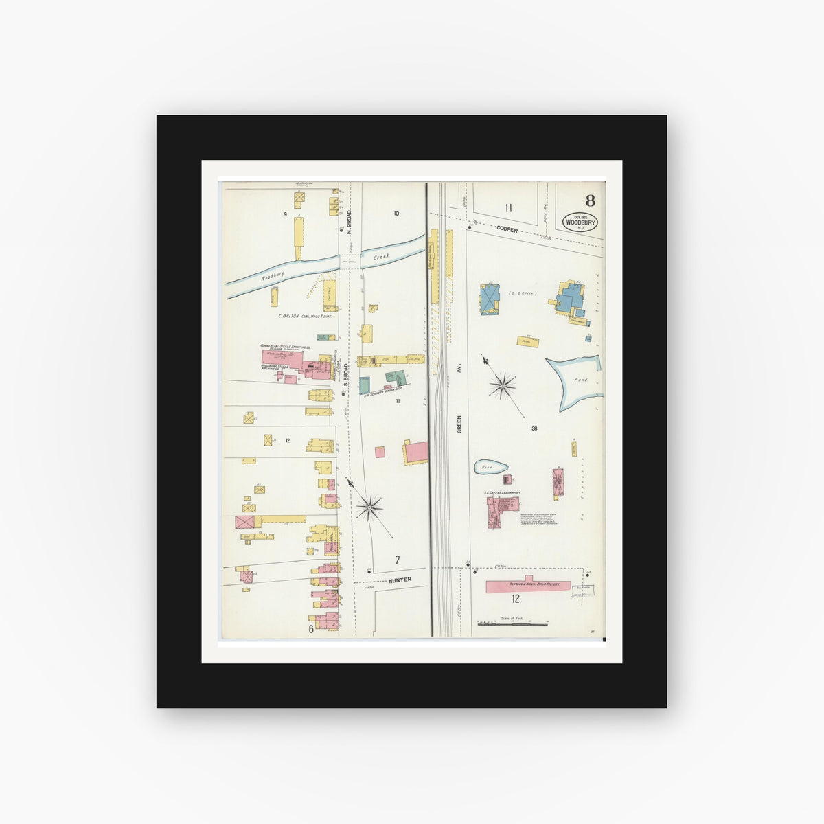 Old map wall art mockup — black gallery frame with white mat — Sanborn Fire Insurance Map from Woodbury, Gloucester County, New Jersey (1902), Sheet #0008