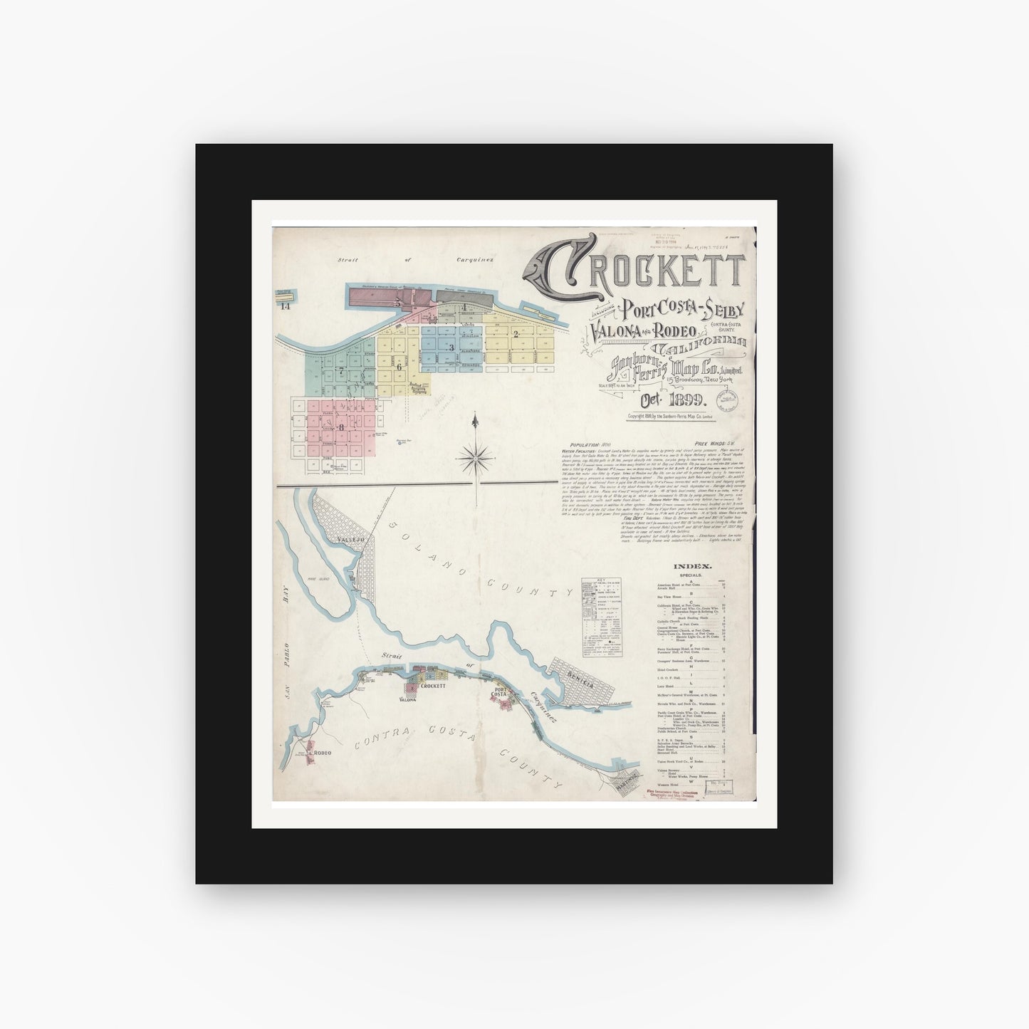 Old map wall art mockup — black gallery frame with white mat — Sanborn Fire Insurance Map from Crockett, Contra Costa County, California (1899), Sheet #0001