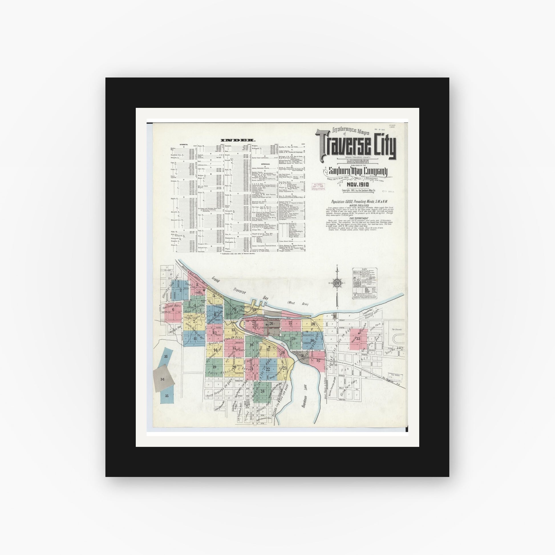 Old map wall art mockup — black gallery frame with white mat — Sanborn Fire Insurance Map from Traverse City, Grand Traverse County, Michigan (1910), Sheet #0001