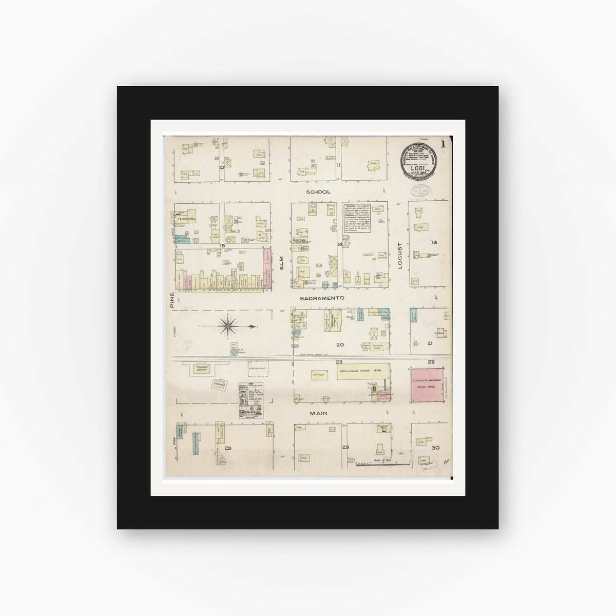 Old map wall art mockup — black gallery frame with white mat — Sanborn Fire Insurance Map from Lodi, San Joaquin County, California (1884) - Complete Map Set