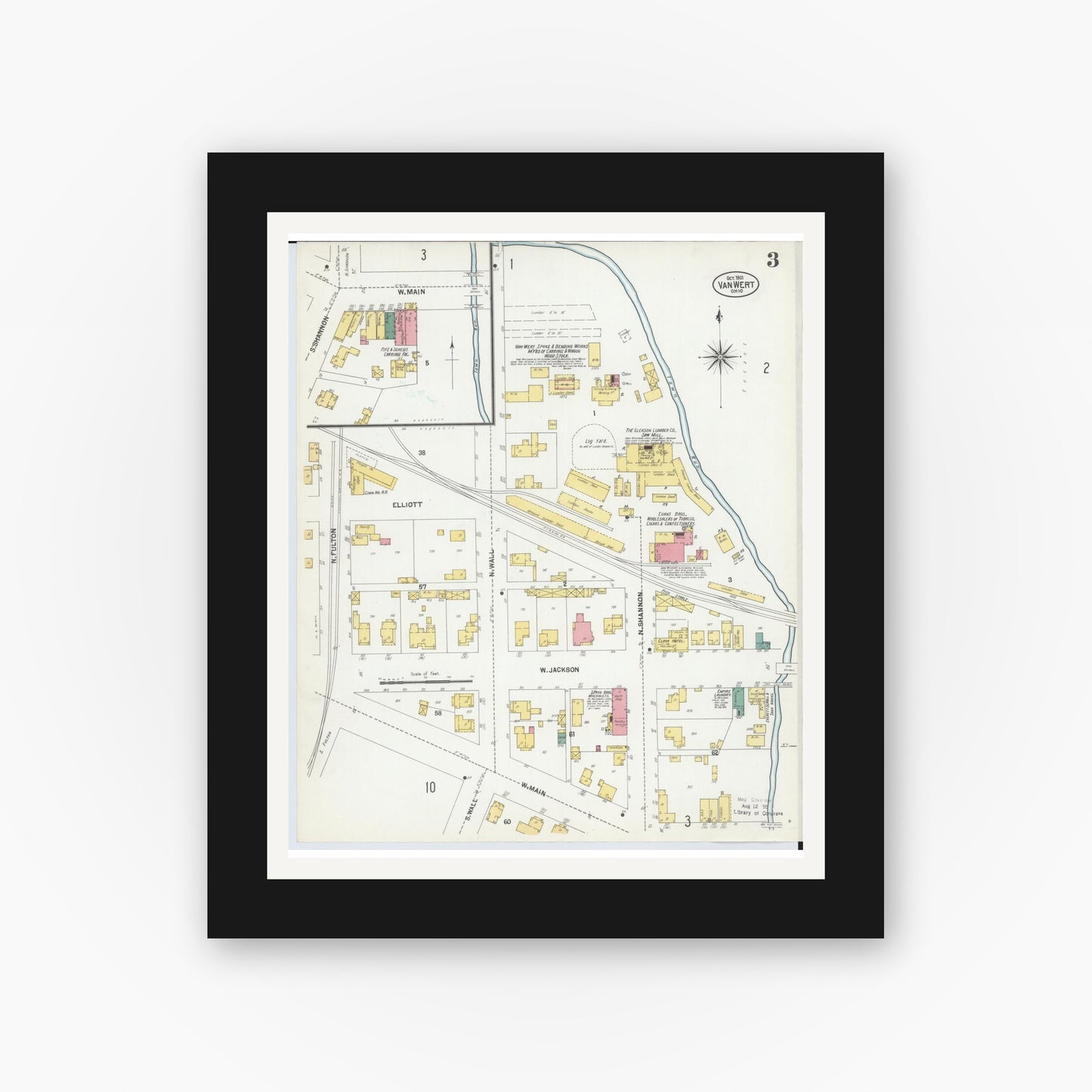 Old map wall art mockup — black gallery frame with white mat — Sanborn Fire Insurance Map from Van Wert, Van Wert County, Ohio (1901), Sheet #0003