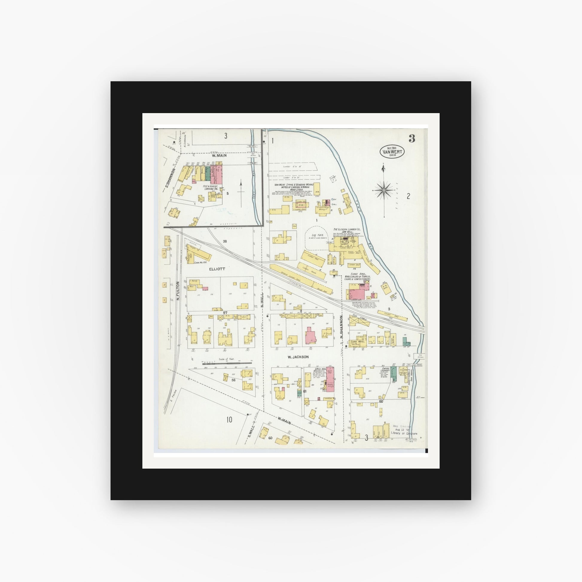Old map wall art mockup — black gallery frame with white mat — Sanborn Fire Insurance Map from Van Wert, Van Wert County, Ohio (1901), Sheet #0003