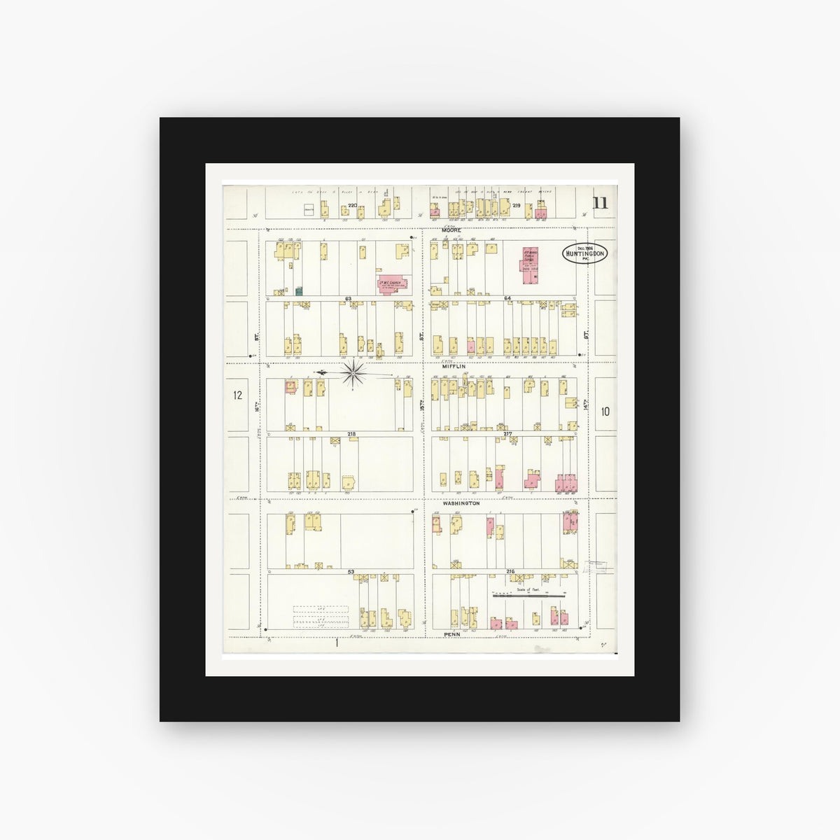 Old map wall art mockup — black gallery frame with white mat — Sanborn Fire Insurance Map from Huntingdon, Huntingdon County, Pennsylvania (1906), Sheet #0011