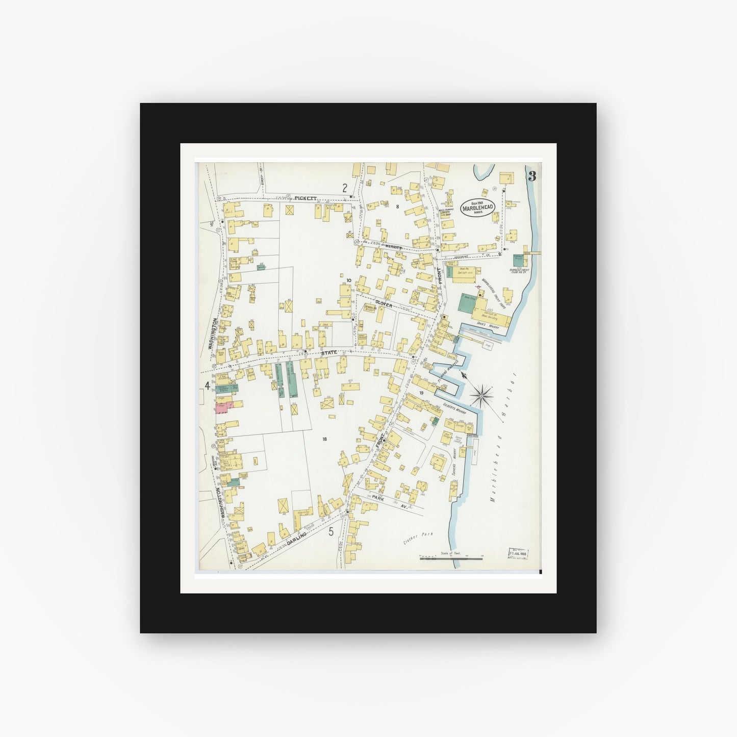 Old map wall art mockup — black gallery frame with white mat — Sanborn Fire Insurance Map from Marblehead, Essex County, Massachusetts (1901), Sheet #0003