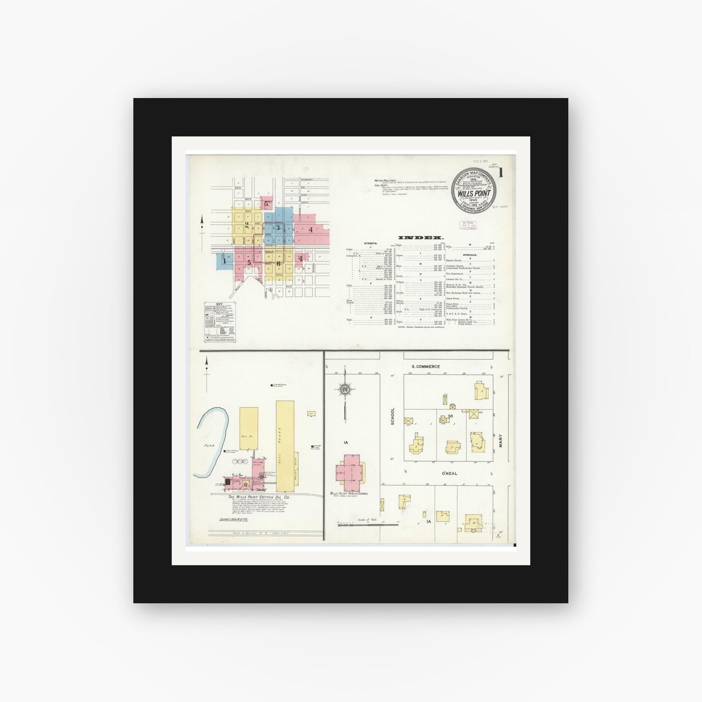 Old map wall art mockup — black gallery frame with white mat — Sanborn Fire Insurance Map from Wills Point, Van Zandt County, Texas (1912), Sheet #0001