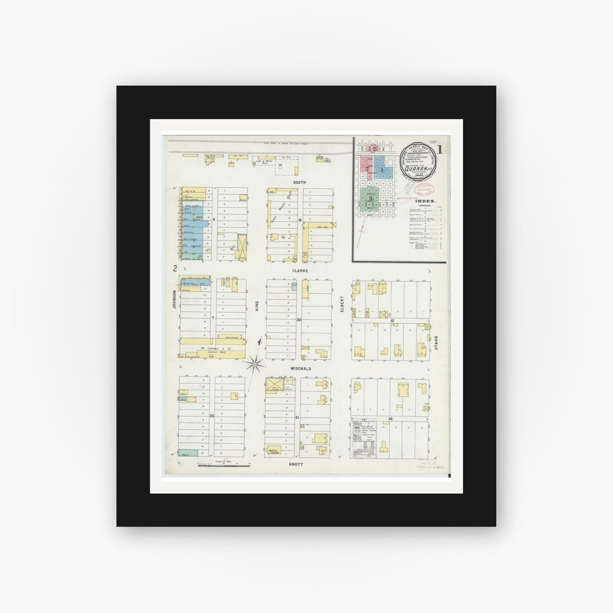 Old map wall art mockup — black gallery frame with white mat — Sanborn Fire Insurance Map from Quanah, Hardeman County, Texas (1898) - Complete Map Set