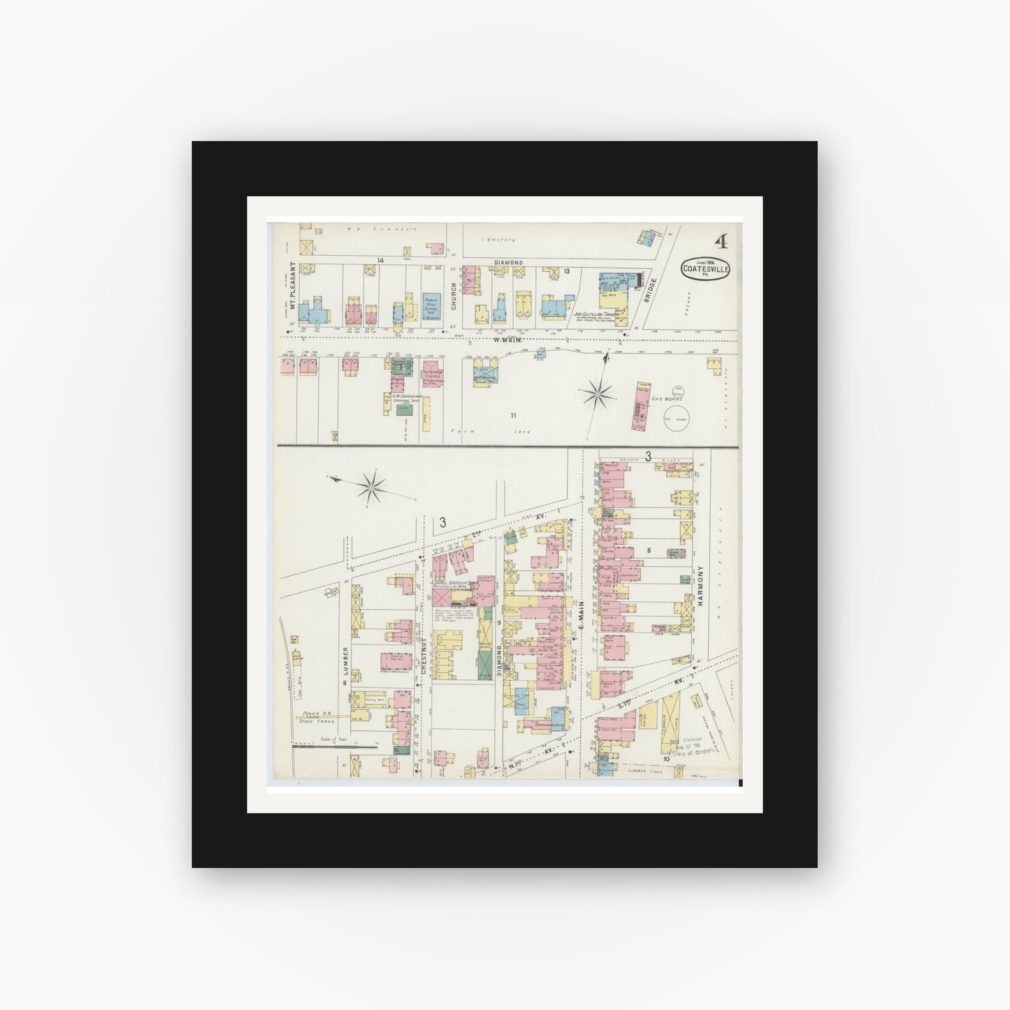 Old map wall art mockup — black gallery frame with white mat — Sanborn Fire Insurance Map from Coatesville, Chester County, Pennsylvania (1896), Sheet #0004