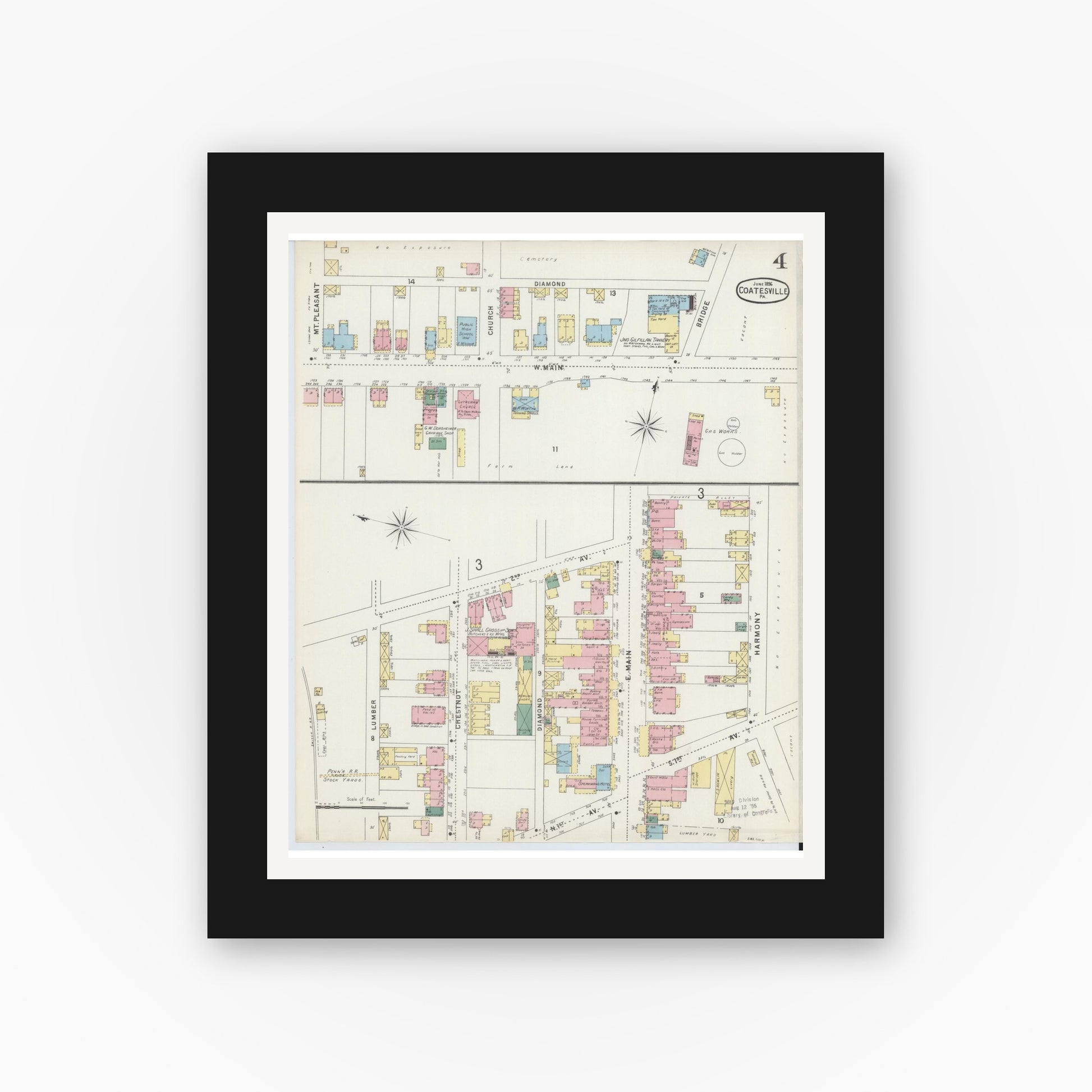 Old map wall art mockup — black gallery frame with white mat — Sanborn Fire Insurance Map from Coatesville, Chester County, Pennsylvania (1896), Sheet #0004