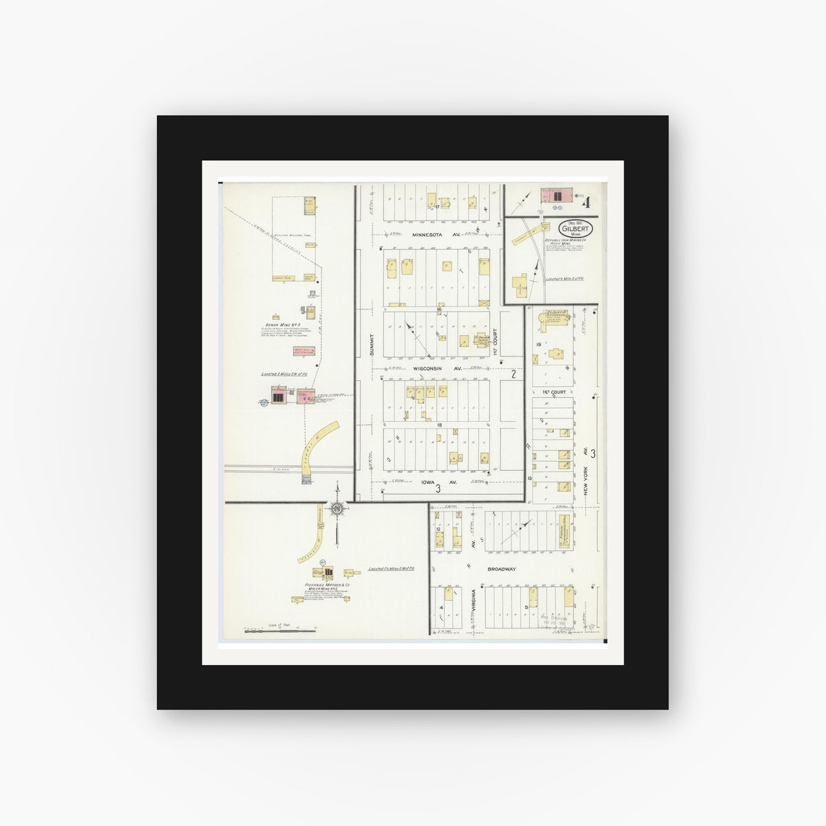 Old map wall art mockup — black gallery frame with white mat — Sanborn Fire Insurance Map from Gilbert, Saint Louis County, Minnesota (1912), Sheet #0004