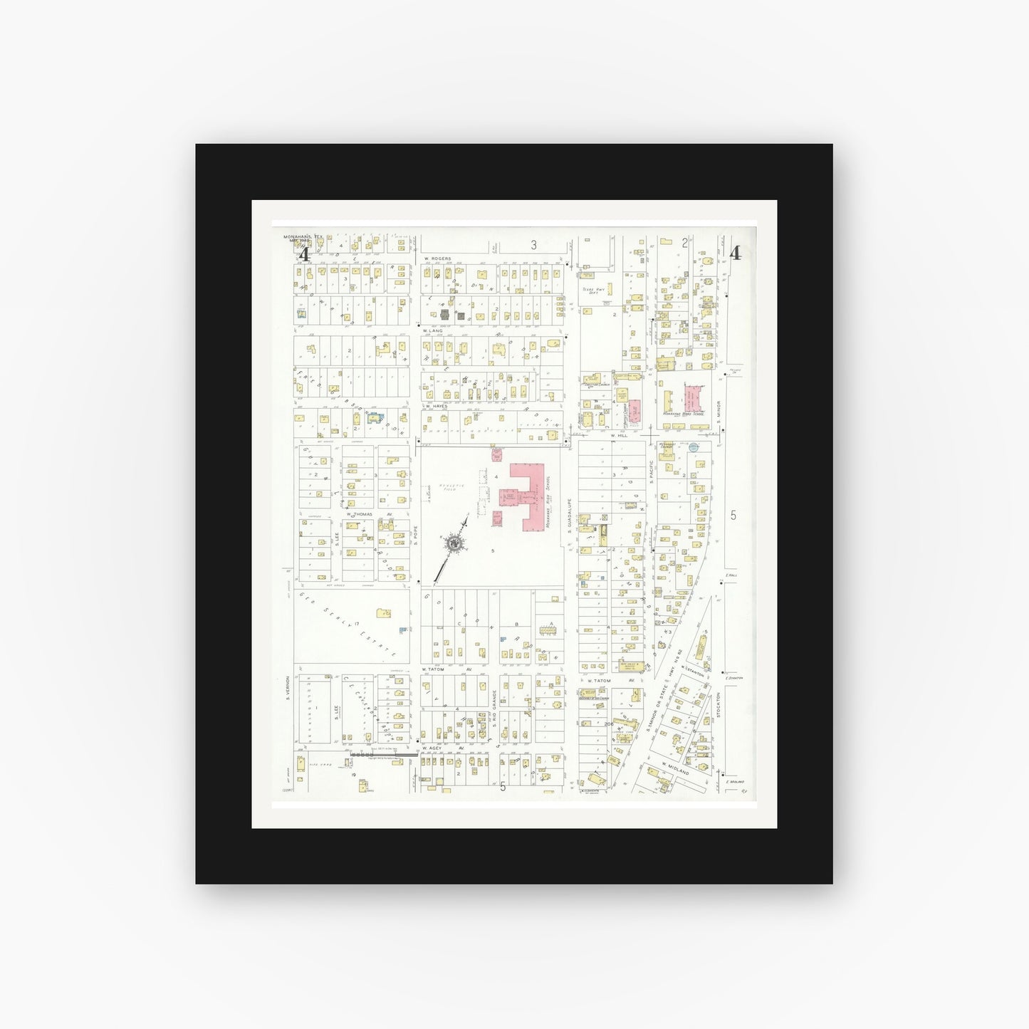 Old map wall art mockup — black gallery frame with white mat — Sanborn Fire Insurance Map from Monahans, Ward County, Texas (1940), Sheet #0004