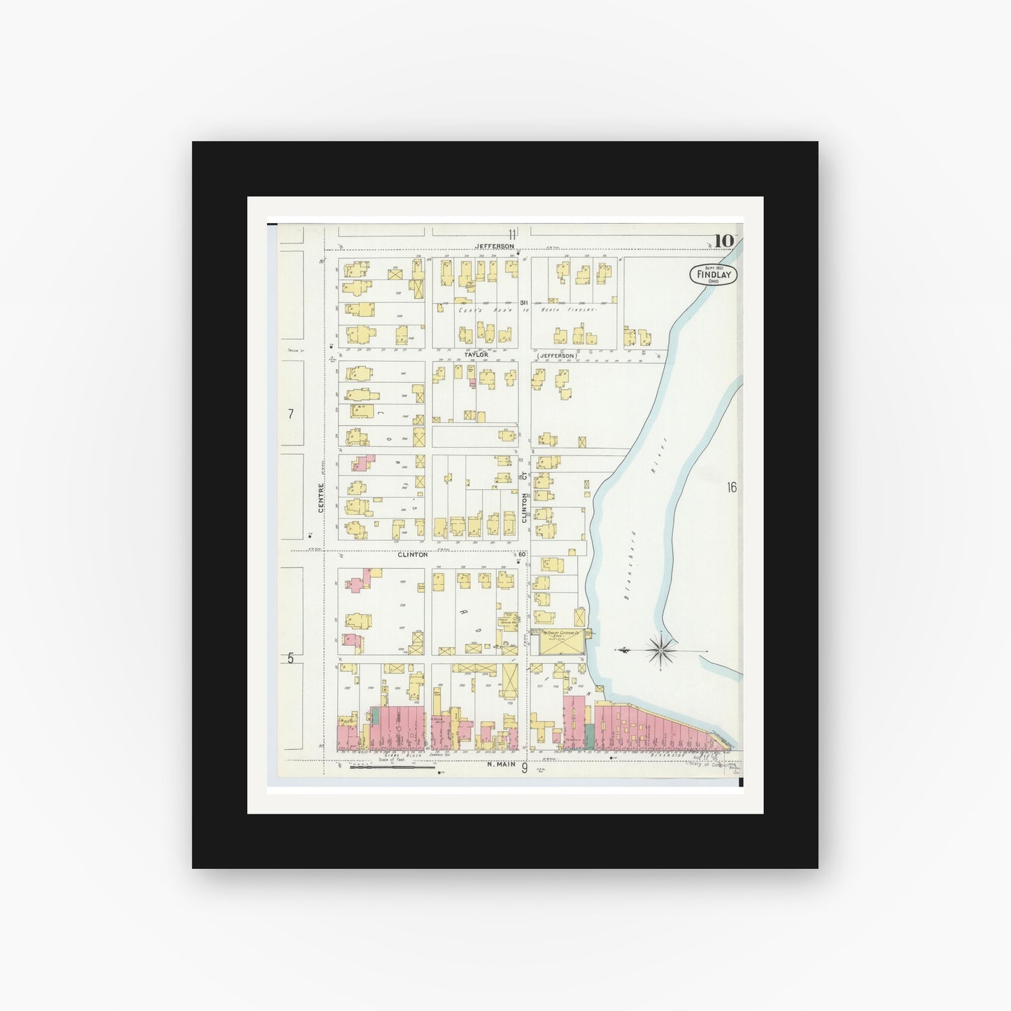 Old map wall art mockup — black gallery frame with white mat — Sanborn Fire Insurance Map from Findlay, Hancock County, Ohio (1901), Sheet #0010