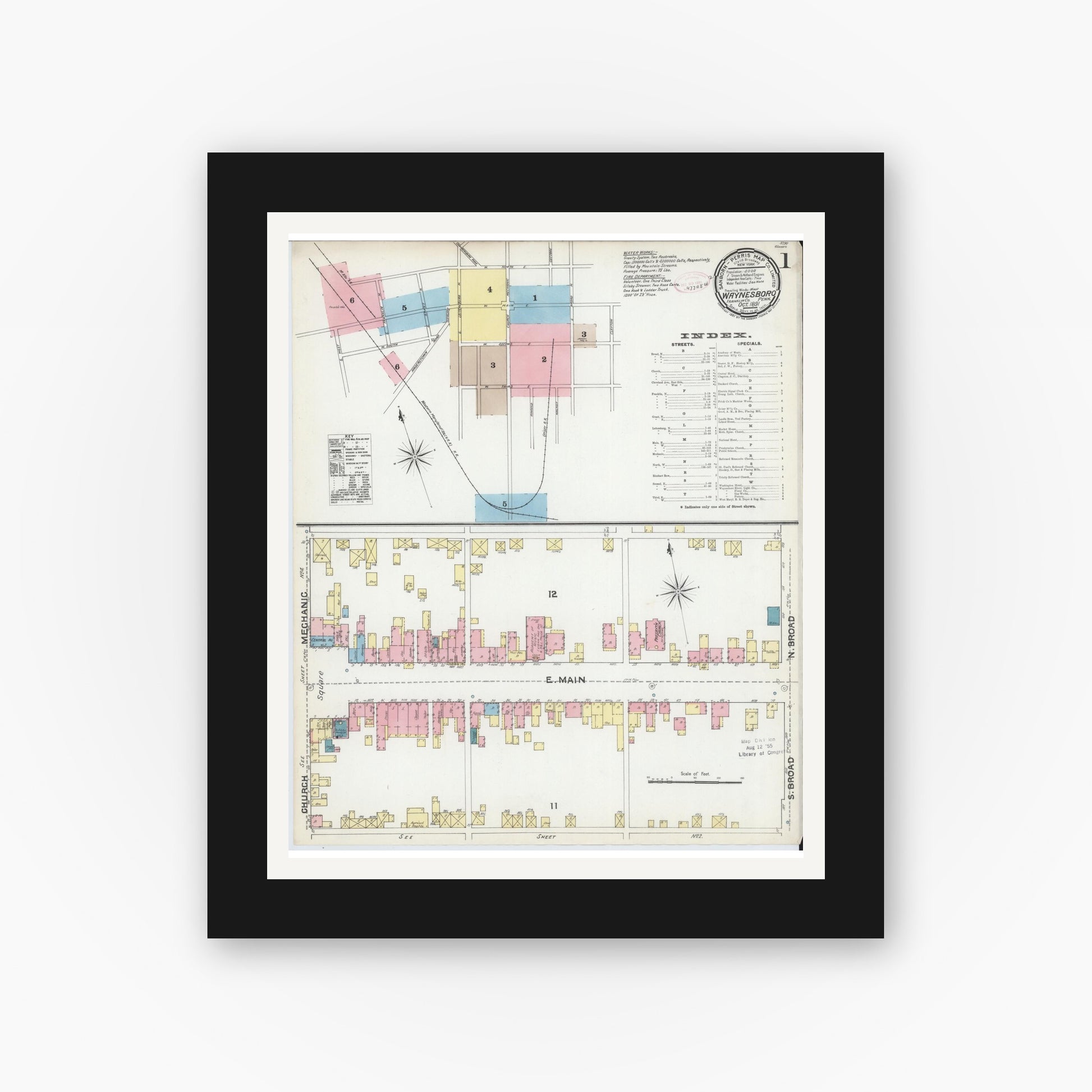 Old map wall art mockup — black gallery frame with white mat — Sanborn Fire Insurance Map from Waynesboro, Franklin County, Pennsylvania (1891), Sheet #0001