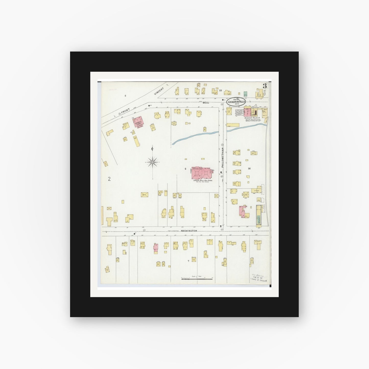 Old map wall art mockup — black gallery frame with white mat — Sanborn Fire Insurance Map from Chagrin Falls, Cuyahoga County, Ohio (1899), Sheet #0003