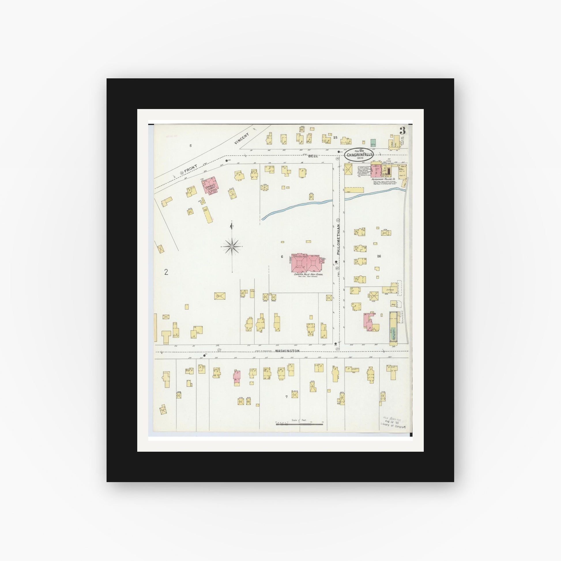 Old map wall art mockup — black gallery frame with white mat — Sanborn Fire Insurance Map from Chagrin Falls, Cuyahoga County, Ohio (1899), Sheet #0003