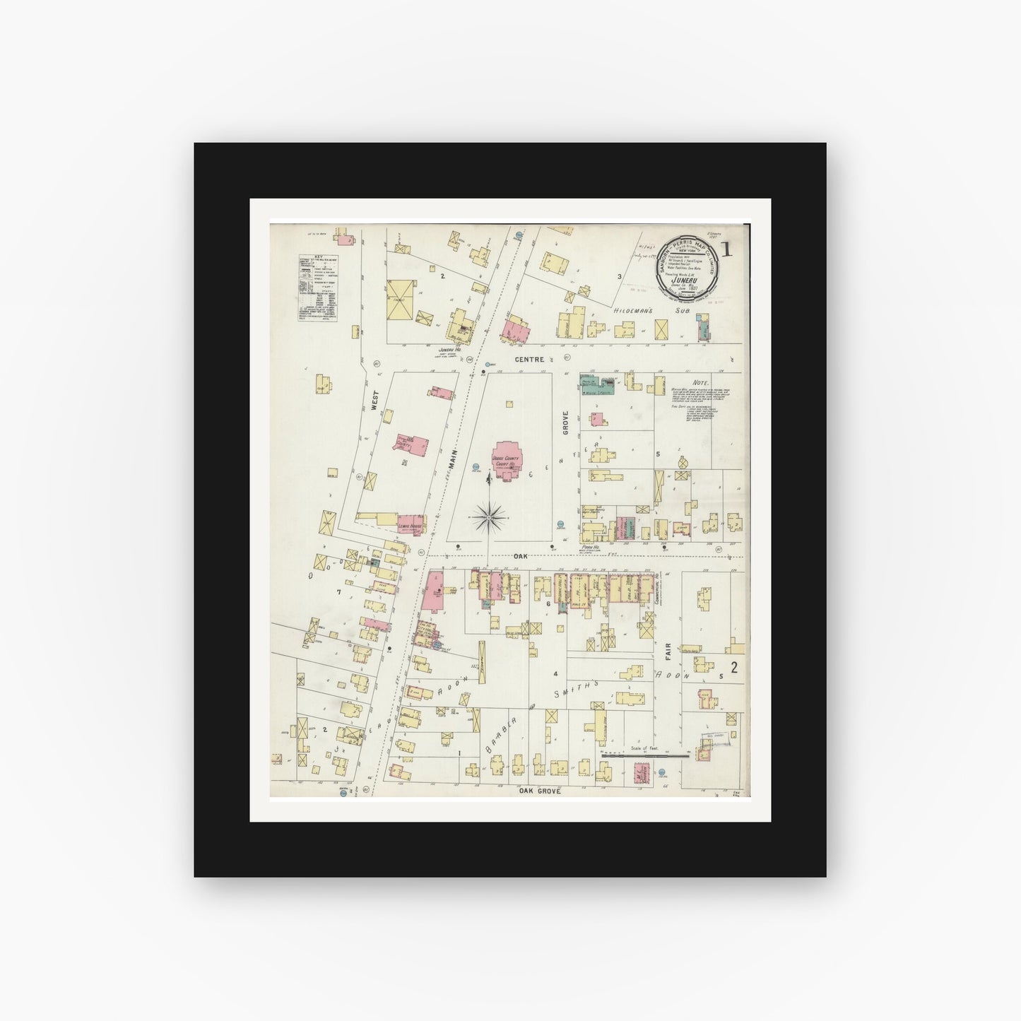 Old map wall art mockup — black gallery frame with white mat — Sanborn Fire Insurance Map from Juneau, Dodge County, Wisconsin (1897) - Complete Map Set
