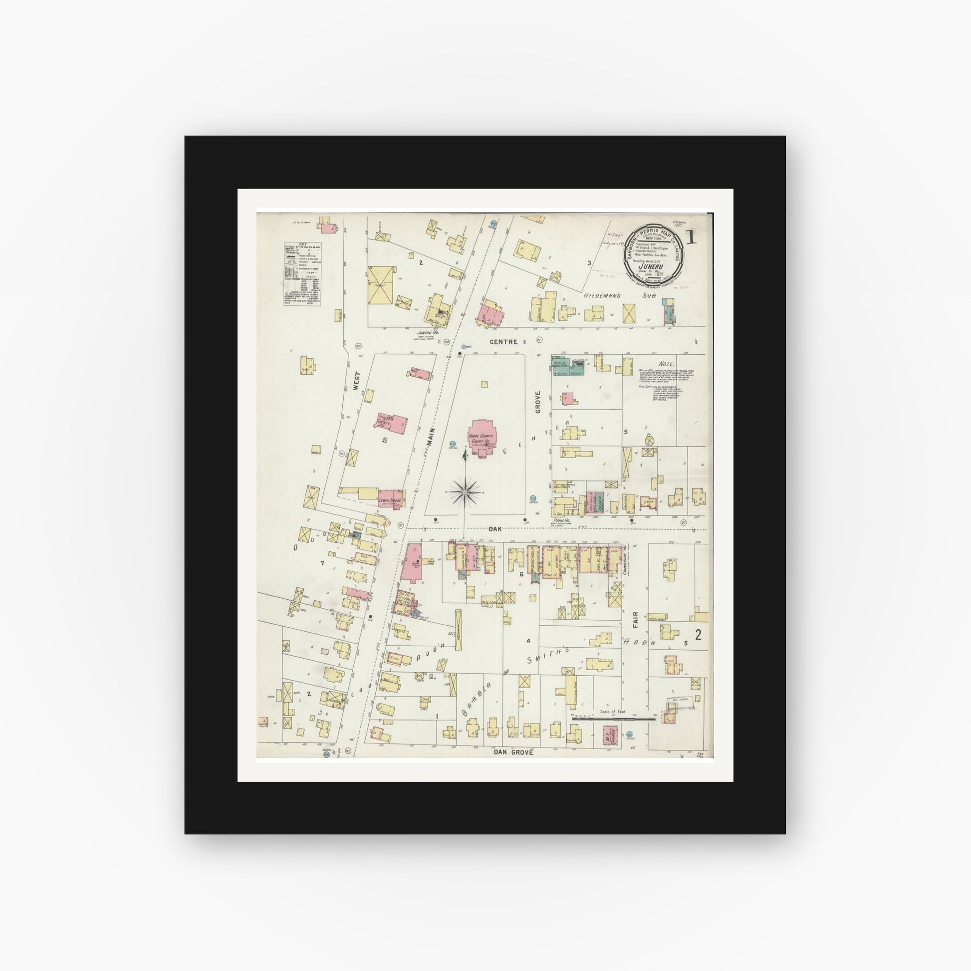 Old map wall art mockup — black gallery frame with white mat — Sanborn Fire Insurance Map from Juneau, Dodge County, Wisconsin (1897) - Complete Map Set