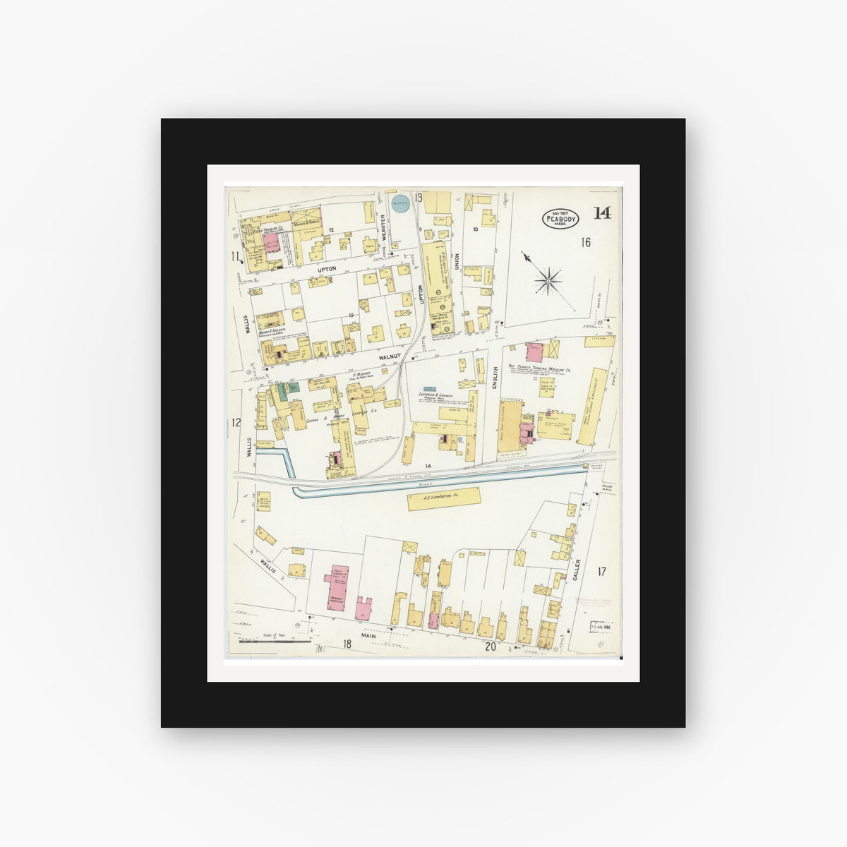 Old map wall art mockup — black gallery frame with white mat — Sanborn Fire Insurance Map from Peabody, Essex County, Massachusetts (1907), Sheet #0014