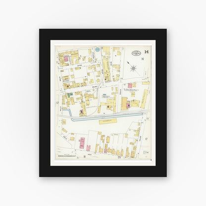 Old map wall art mockup — black gallery frame with white mat — Sanborn Fire Insurance Map from Peabody, Essex County, Massachusetts (1907), Sheet #0014