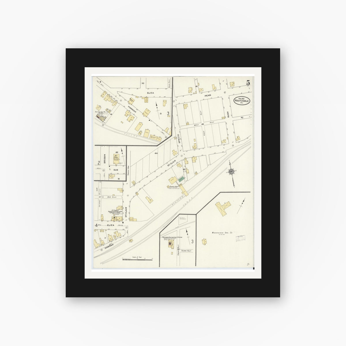 Old map wall art mockup — black gallery frame with white mat — Sanborn Fire Insurance Map from Houtzdale, Clearfield County, Pennsylvania (1910), Sheet #0005