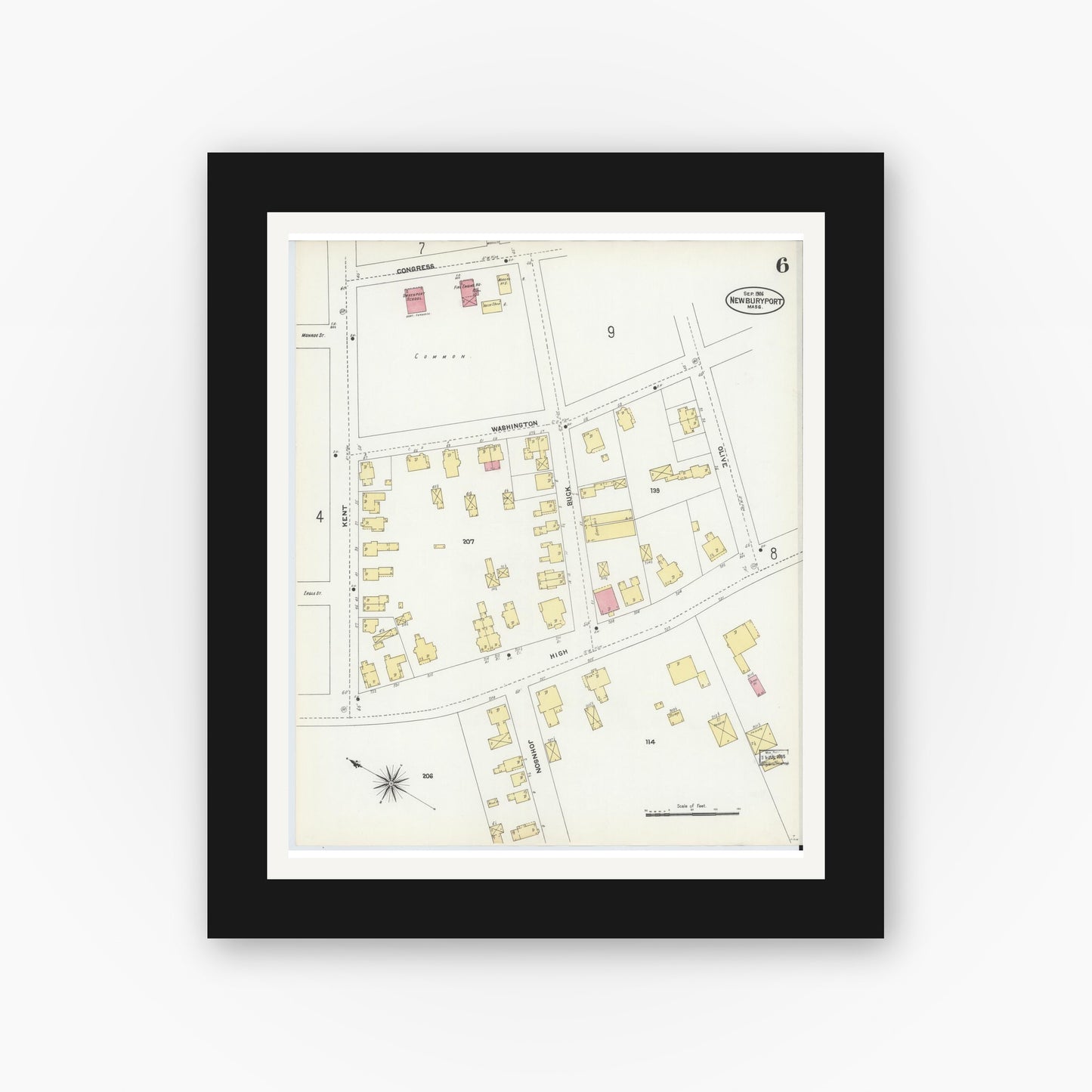 Old map wall art mockup — black gallery frame with white mat — Sanborn Fire Insurance Map from Newburyport, Essex County, Massachusetts (1906), Sheet #0006