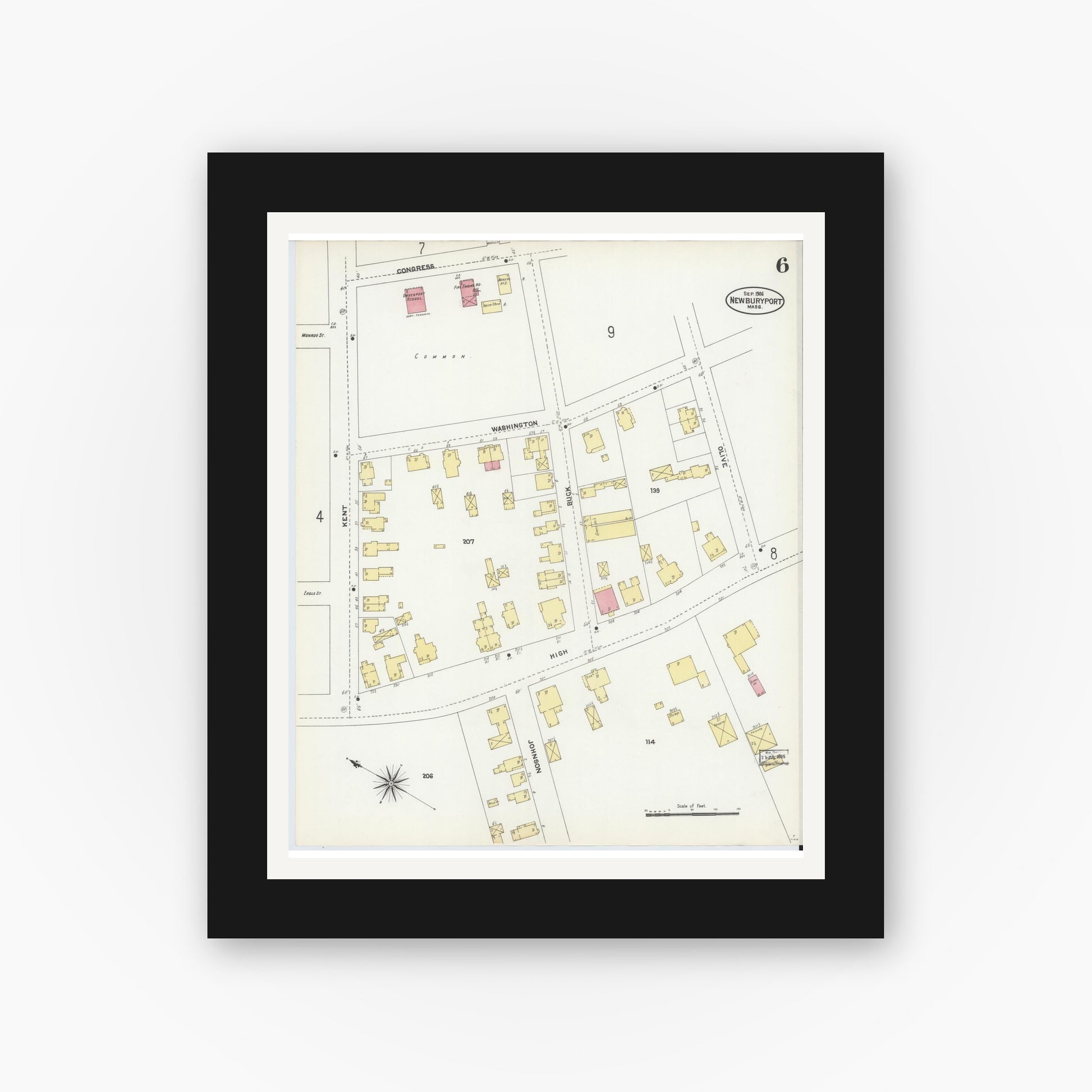 Old map wall art mockup — black gallery frame with white mat — Sanborn Fire Insurance Map from Newburyport, Essex County, Massachusetts (1906), Sheet #0006