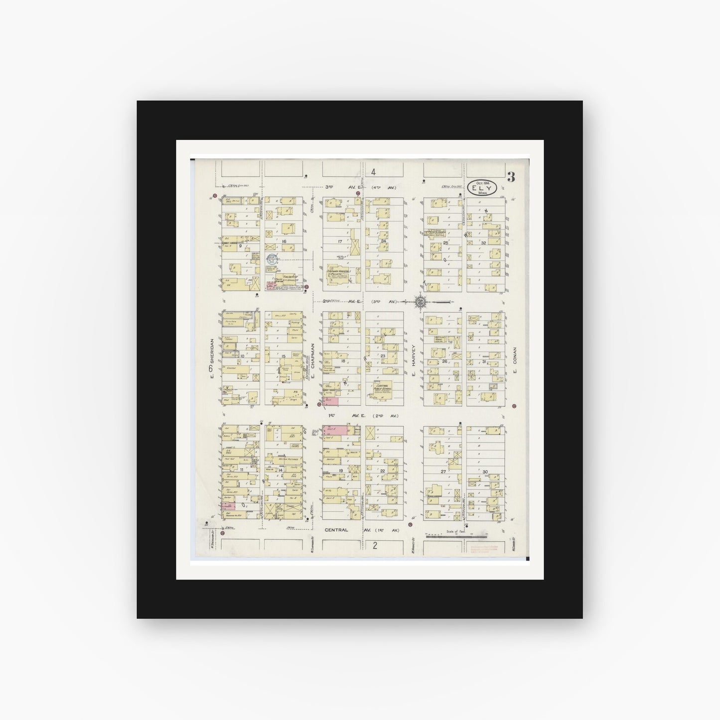 Old map wall art mockup — black gallery frame with white mat — Sanborn Fire Insurance Map from Ely, Saint Louis County, Minnesota (1914), Sheet #0003