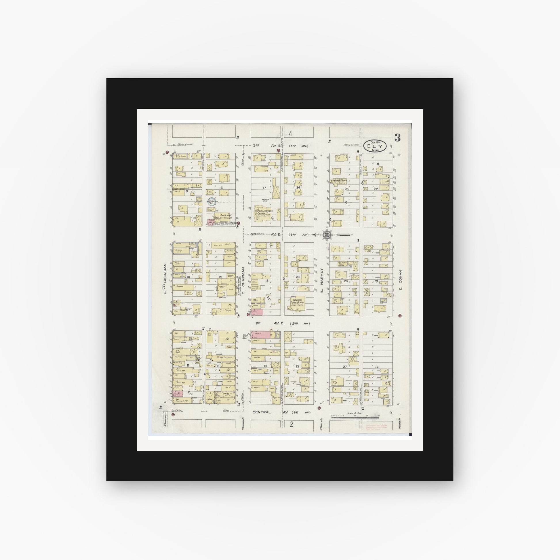 Old map wall art mockup — black gallery frame with white mat — Sanborn Fire Insurance Map from Ely, Saint Louis County, Minnesota (1914), Sheet #0003