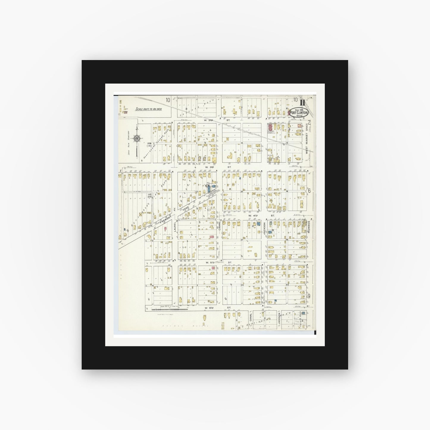 Old map wall art mockup — black gallery frame with white mat — Sanborn Fire Insurance Map from Port Clinton, Ottawa County, Ohio (1916), Sheet #0011