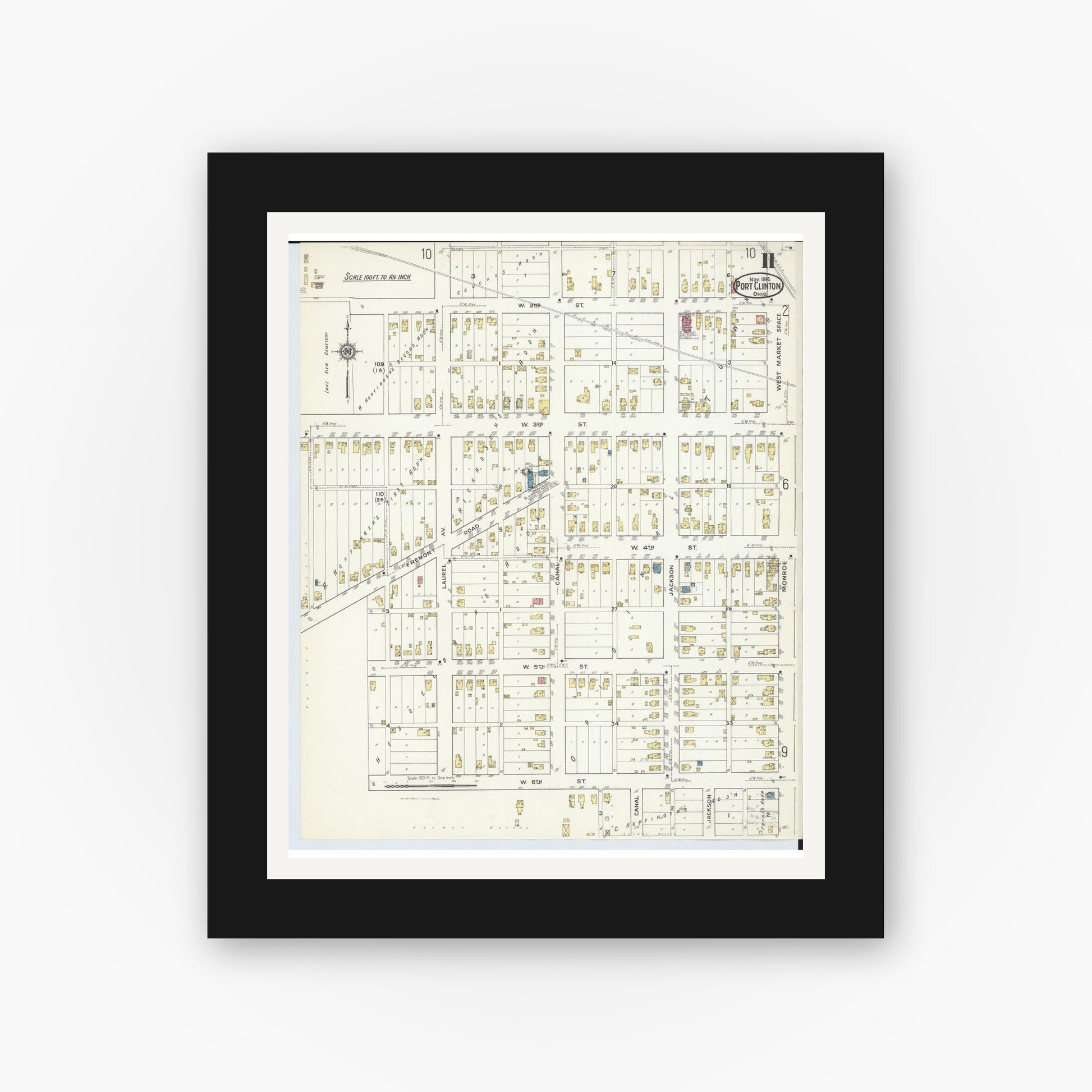 Old map wall art mockup — black gallery frame with white mat — Sanborn Fire Insurance Map from Port Clinton, Ottawa County, Ohio (1916), Sheet #0011