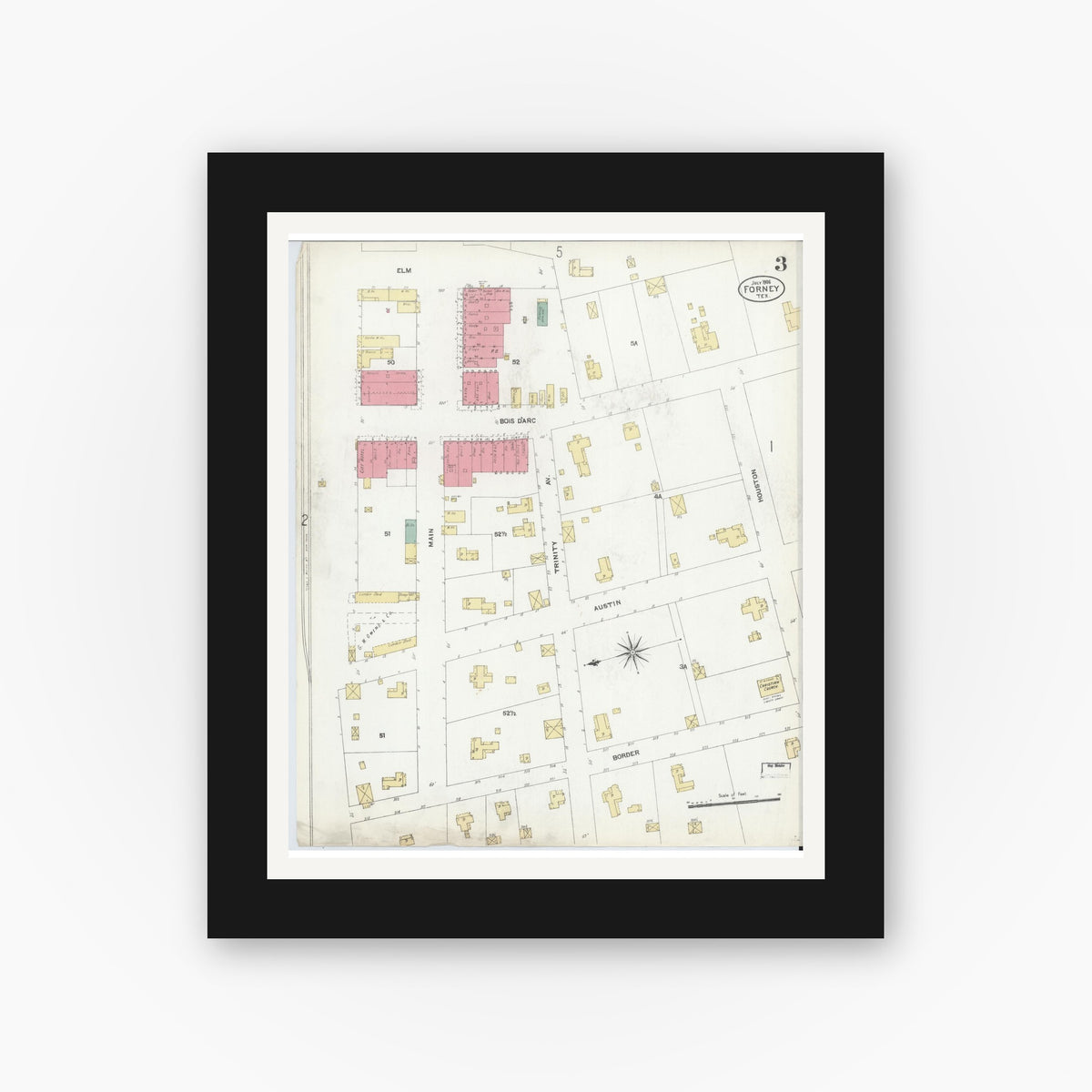 Old map wall art mockup — black gallery frame with white mat — Sanborn Fire Insurance Map from Forney, Kaufman County, Texas (1906), Sheet #0003