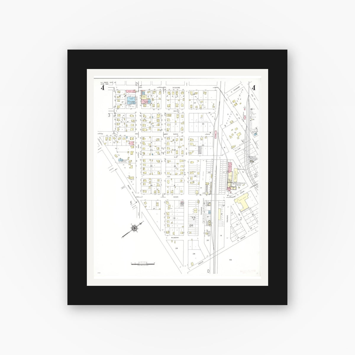 Old map wall art mockup — black gallery frame with white mat — Sanborn Fire Insurance Map from La Porte City, Black Hawk County, Iowa (1948), Sheet #0004