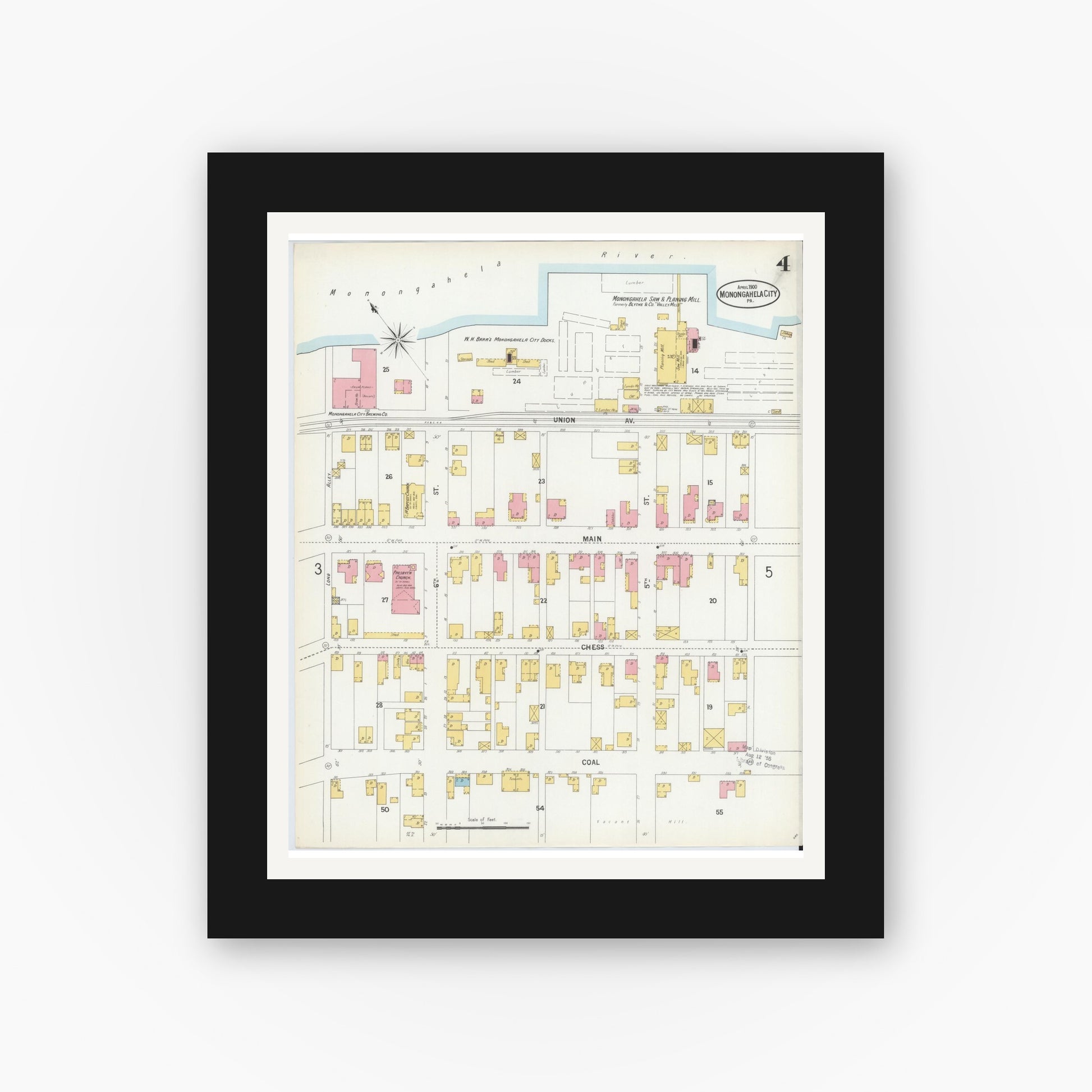 Old map wall art mockup — black gallery frame with white mat — Sanborn Fire Insurance Map from Monongahela City, Washington County, Pennsylvania (1900), Sheet #0004