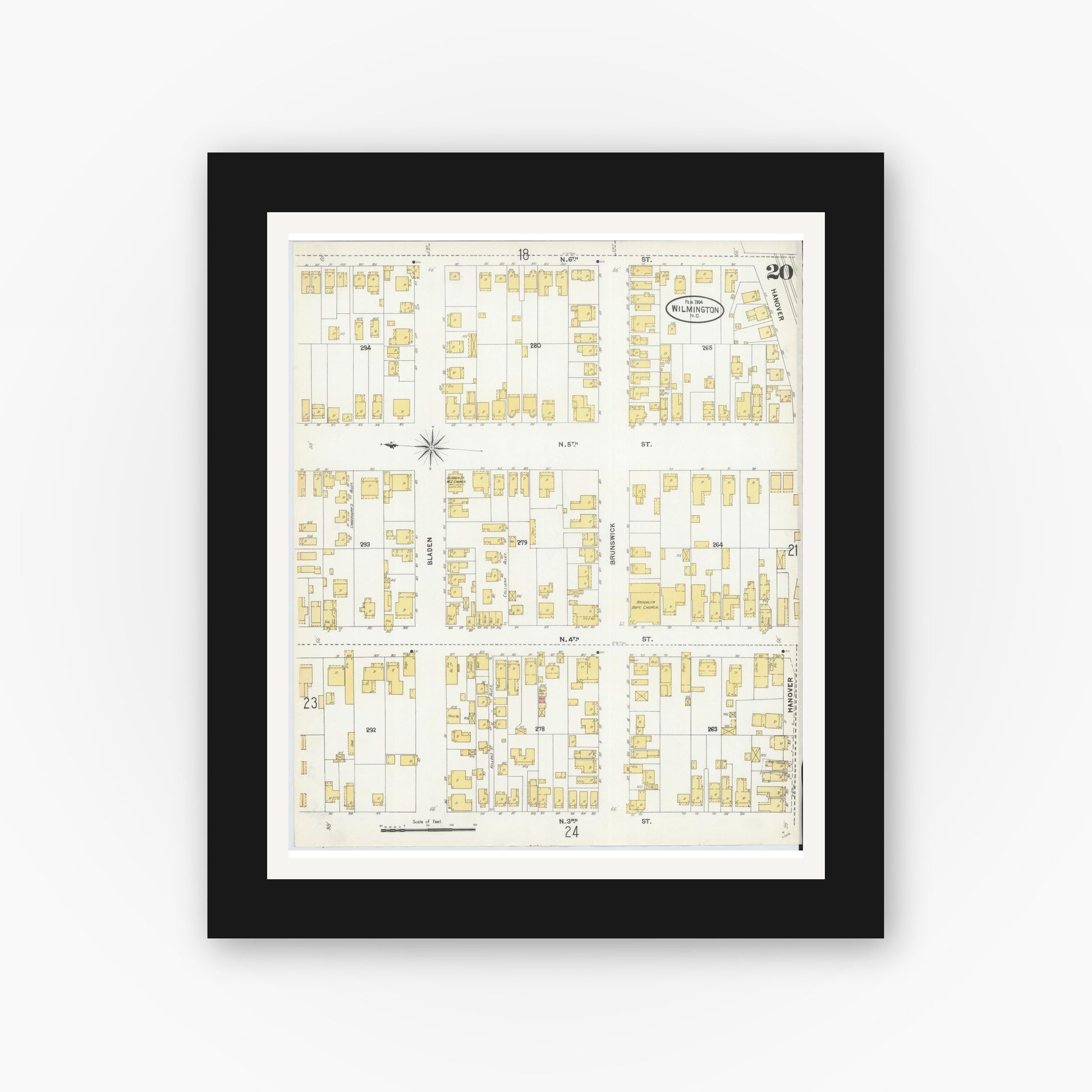 Old map wall art mockup — black gallery frame with white mat — Sanborn Fire Insurance Map from Wilmington, New Hanover County, North Carolina (1904), Sheet #0020