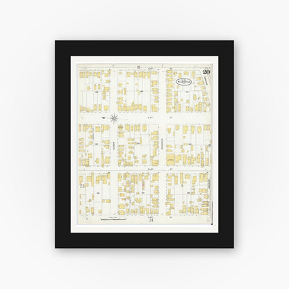 Old map wall art mockup — black gallery frame with white mat — Sanborn Fire Insurance Map from Wilmington, New Hanover County, North Carolina (1904), Sheet #0020