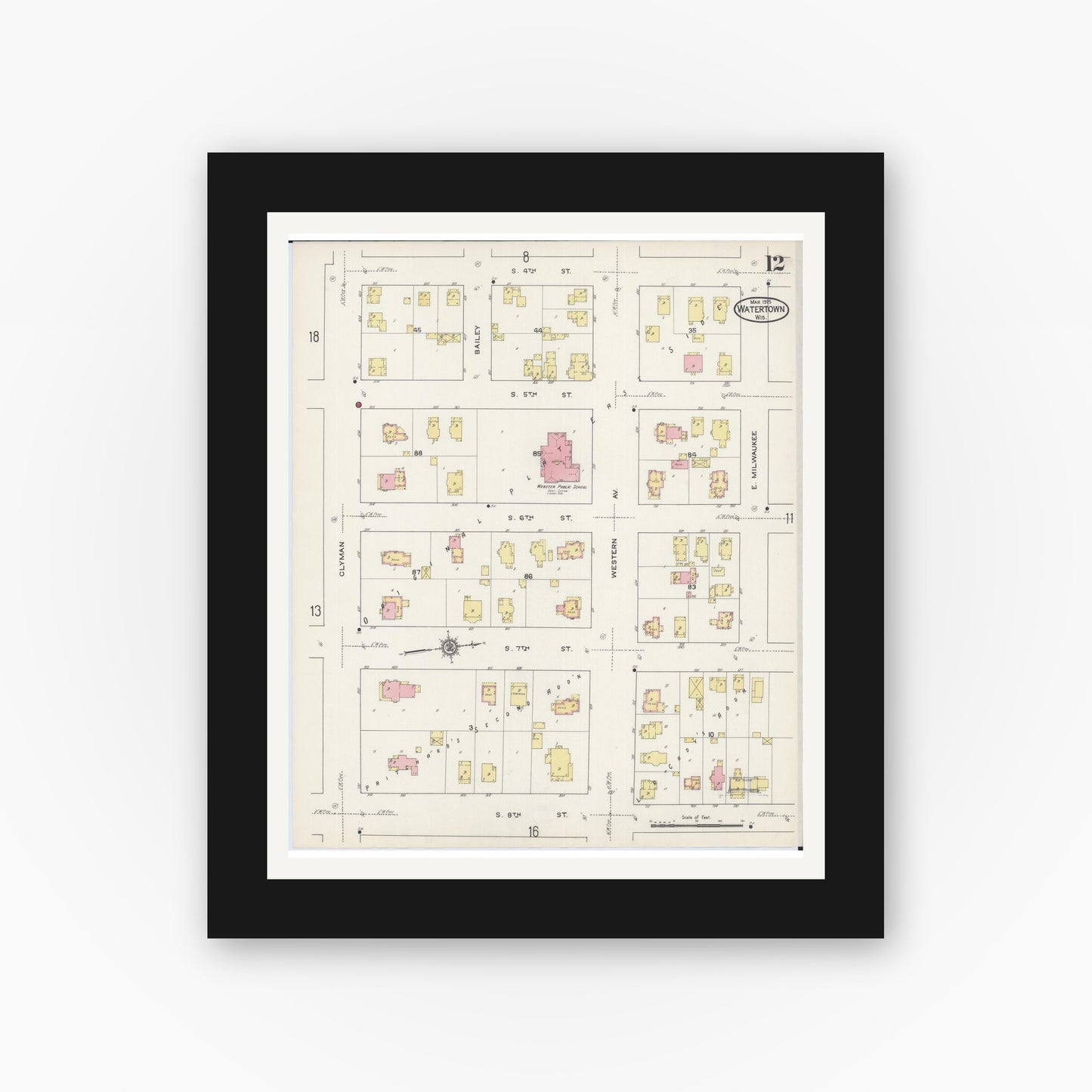 Old map wall art mockup — black gallery frame with white mat — Sanborn Fire Insurance Map from Watertown, Jefferson County, Wisconsin (1915), Sheet #0013