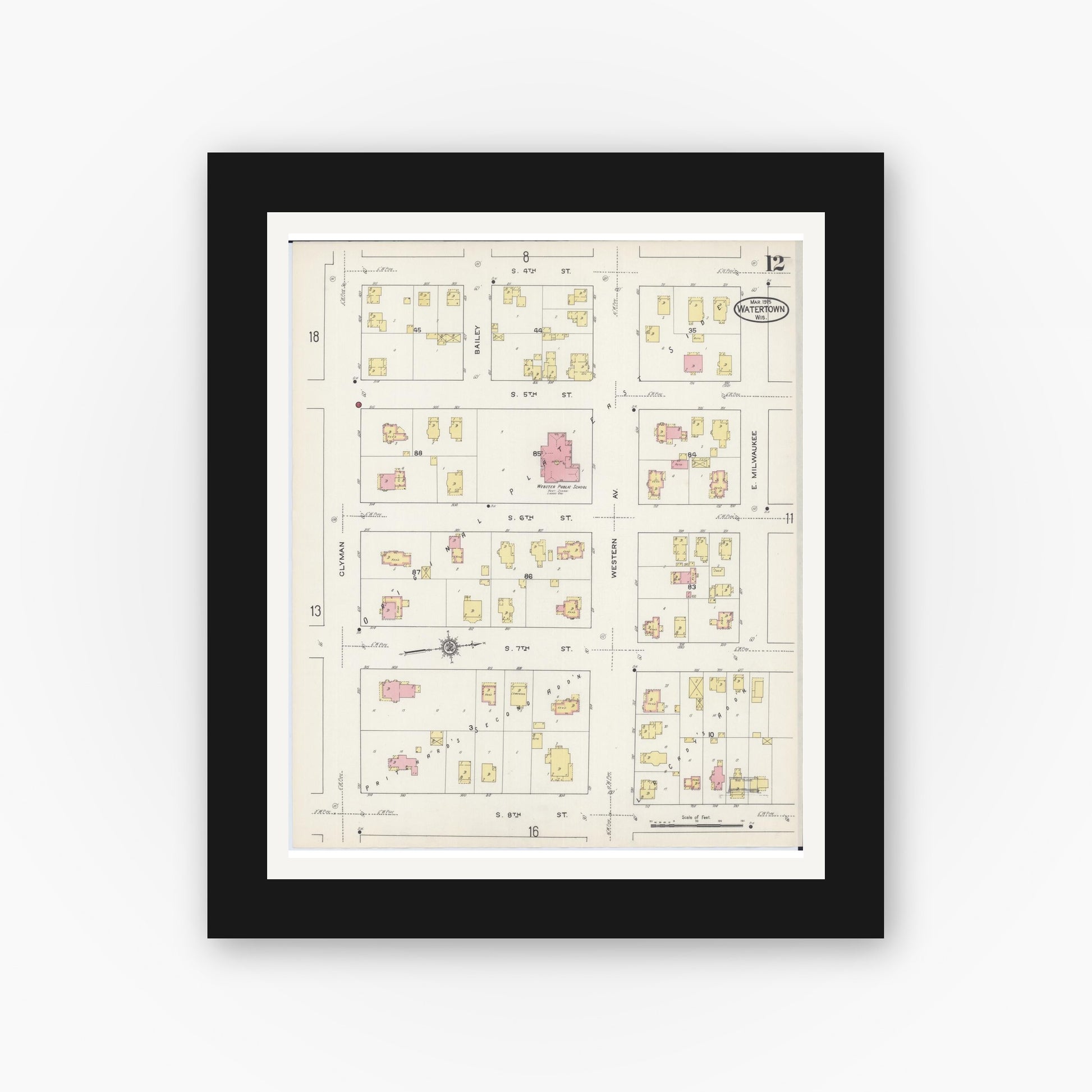 Old map wall art mockup — black gallery frame with white mat — Sanborn Fire Insurance Map from Watertown, Jefferson County, Wisconsin (1915), Sheet #0013