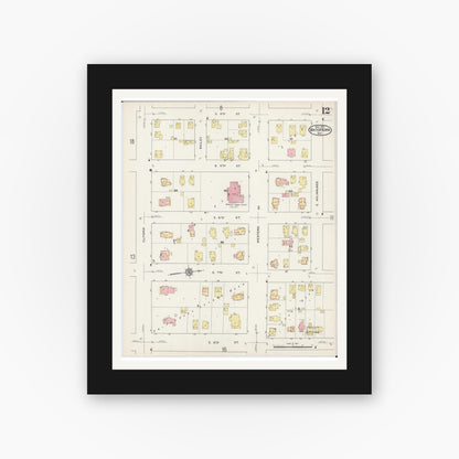 Old map wall art mockup — black gallery frame with white mat — Sanborn Fire Insurance Map from Watertown, Jefferson County, Wisconsin (1915), Sheet #0013