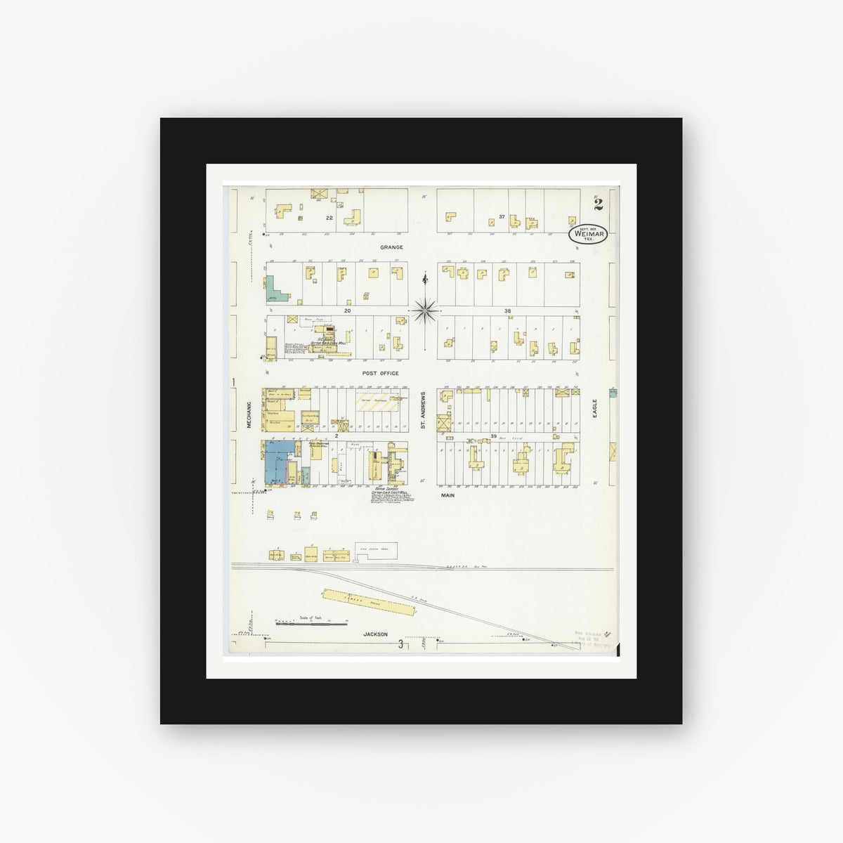 Old map wall art mockup — black gallery frame with white mat — Sanborn Fire Insurance Map from Weimar, Colorado County, Texas (1907), Sheet #0002