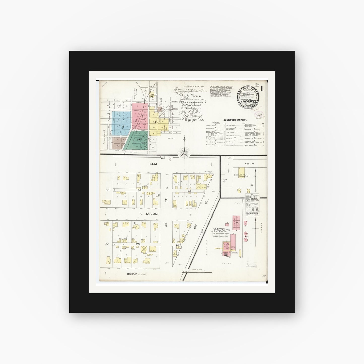Old map wall art mockup — black gallery frame with white mat — Sanborn Fire Insurance Map from Cherokee, Cherokee County, Iowa (1893), Sheet #0001