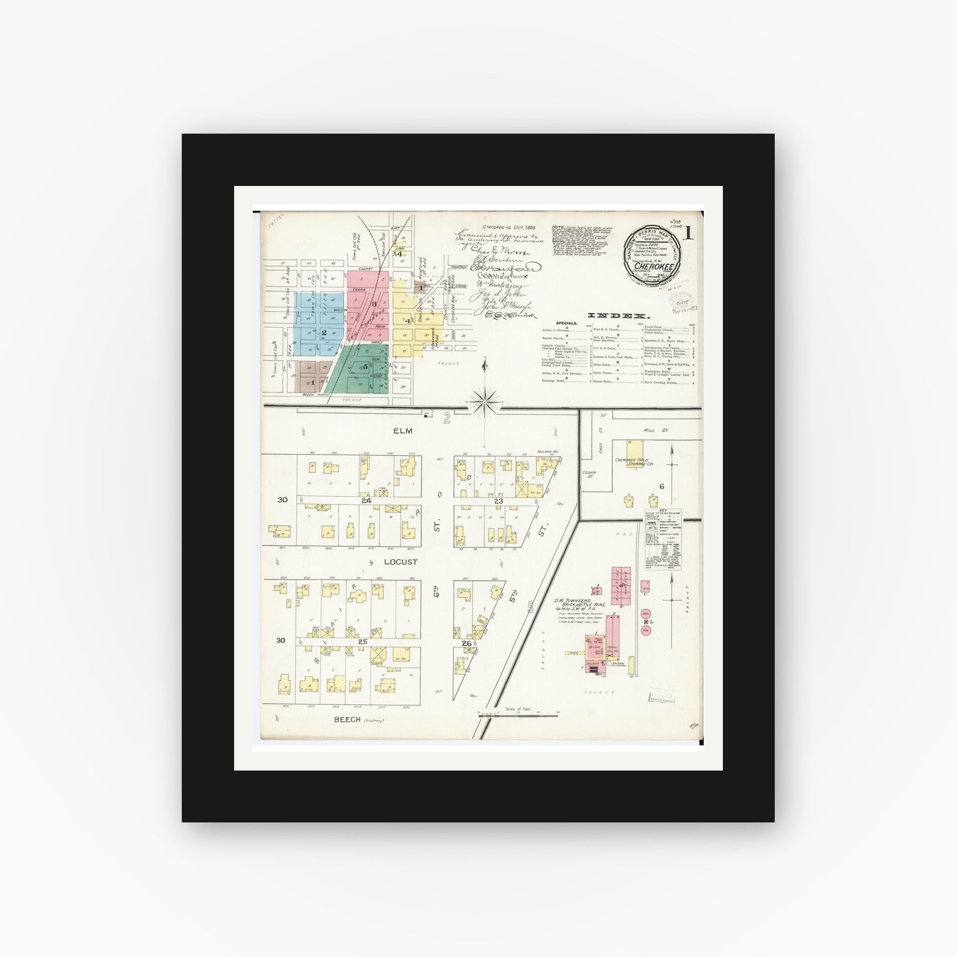 Old map wall art mockup — black gallery frame with white mat — Sanborn Fire Insurance Map from Cherokee, Cherokee County, Iowa (1893), Sheet #0001