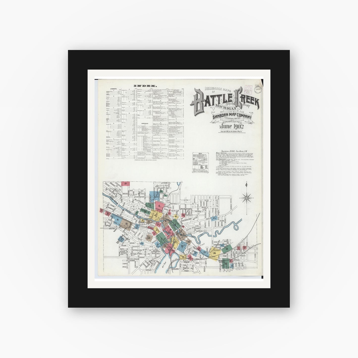 Old map wall art mockup — black gallery frame with white mat — Sanborn Fire Insurance Map from Battle Creek, Calhoun County, Michigan (1902) - Complete Map Set
