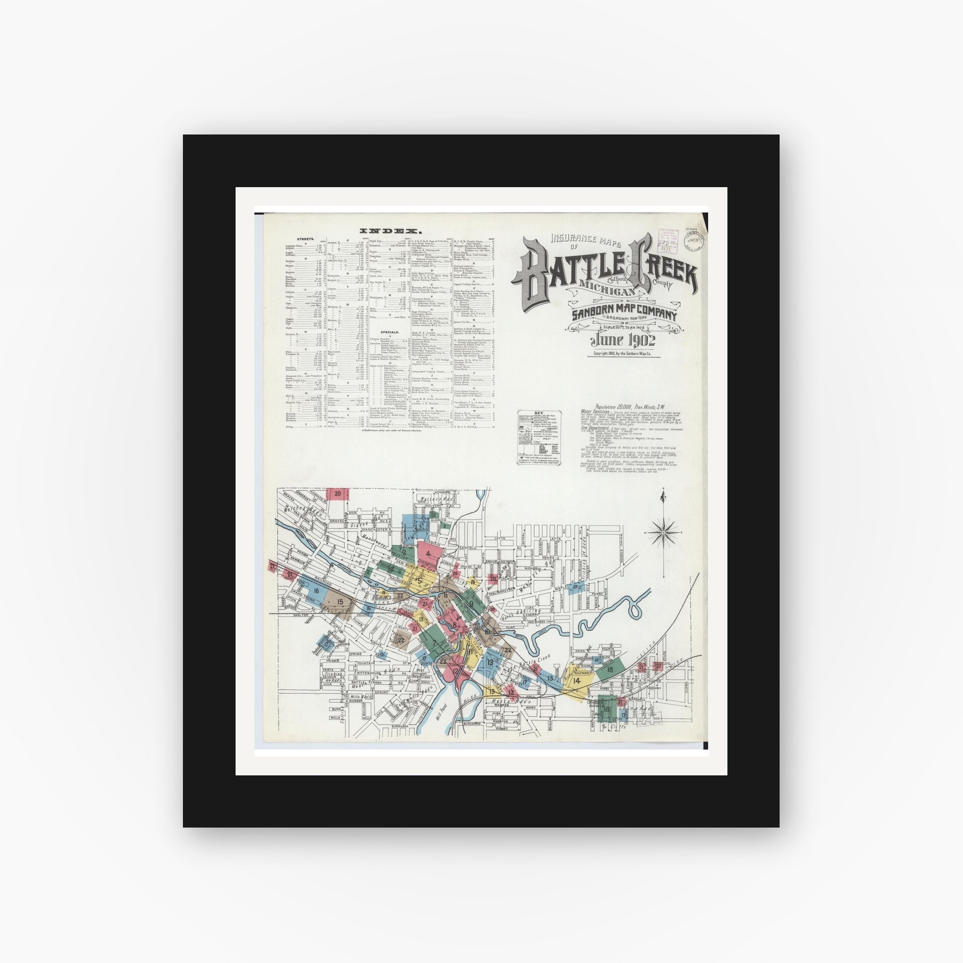 Old map wall art mockup — black gallery frame with white mat — Sanborn Fire Insurance Map from Battle Creek, Calhoun County, Michigan (1902) - Complete Map Set