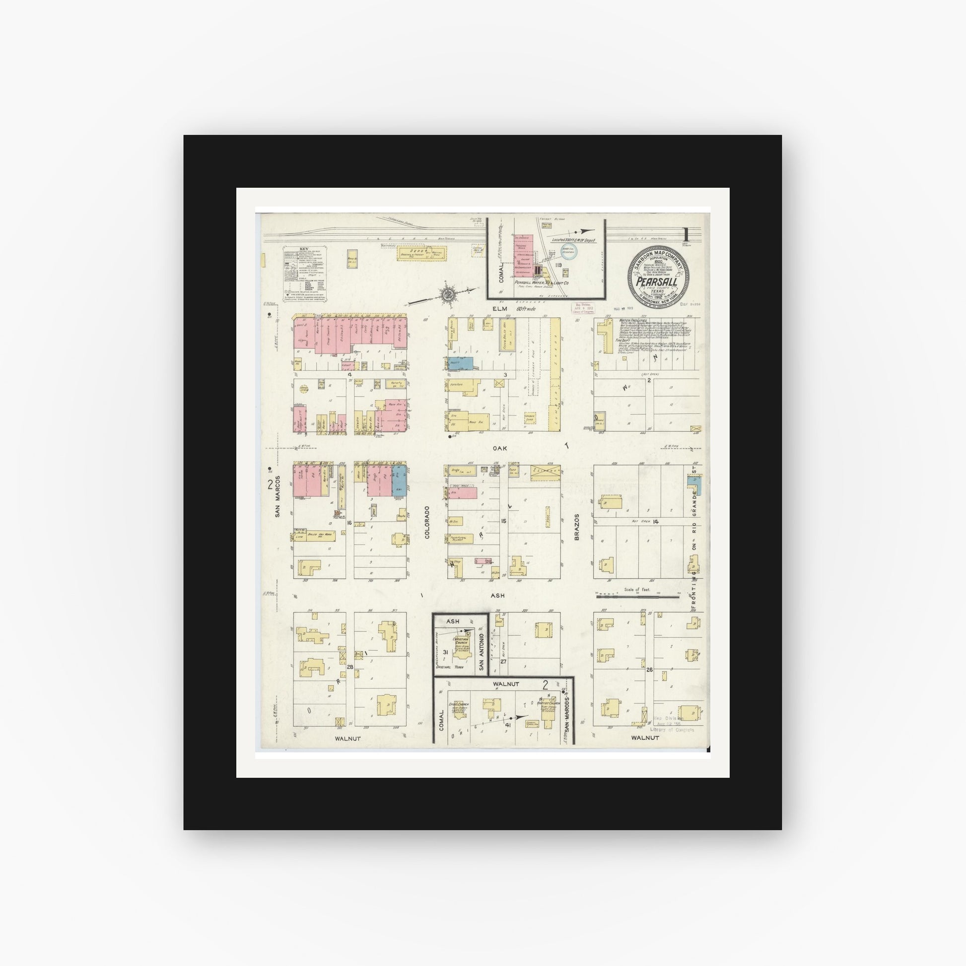 Old map wall art mockup — black gallery frame with white mat — Sanborn Fire Insurance Map from Pearsall, Frio County, Texas (1912) - Complete Map Set