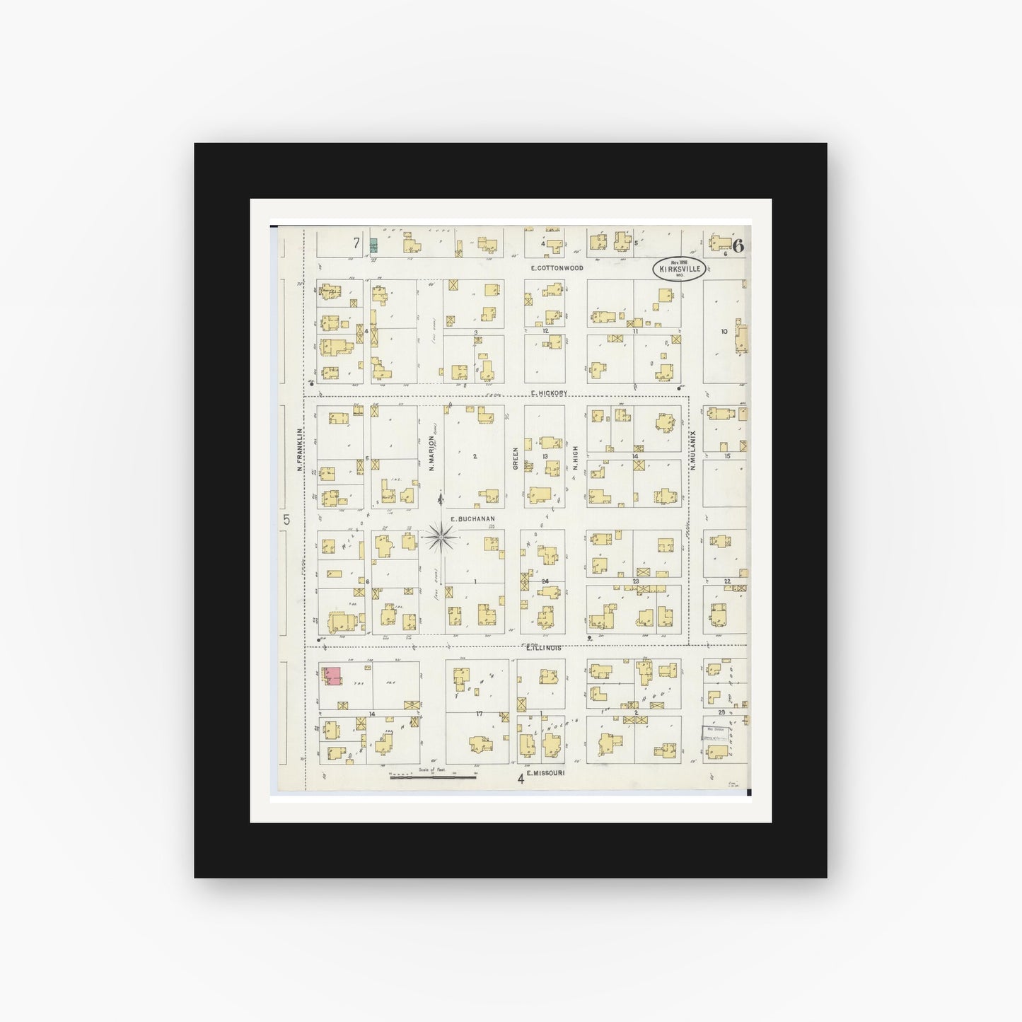 Old map wall art mockup — black gallery frame with white mat — Sanborn Fire Insurance Map from Kirksville, Adair County, Missouri (1898), Sheet #0006