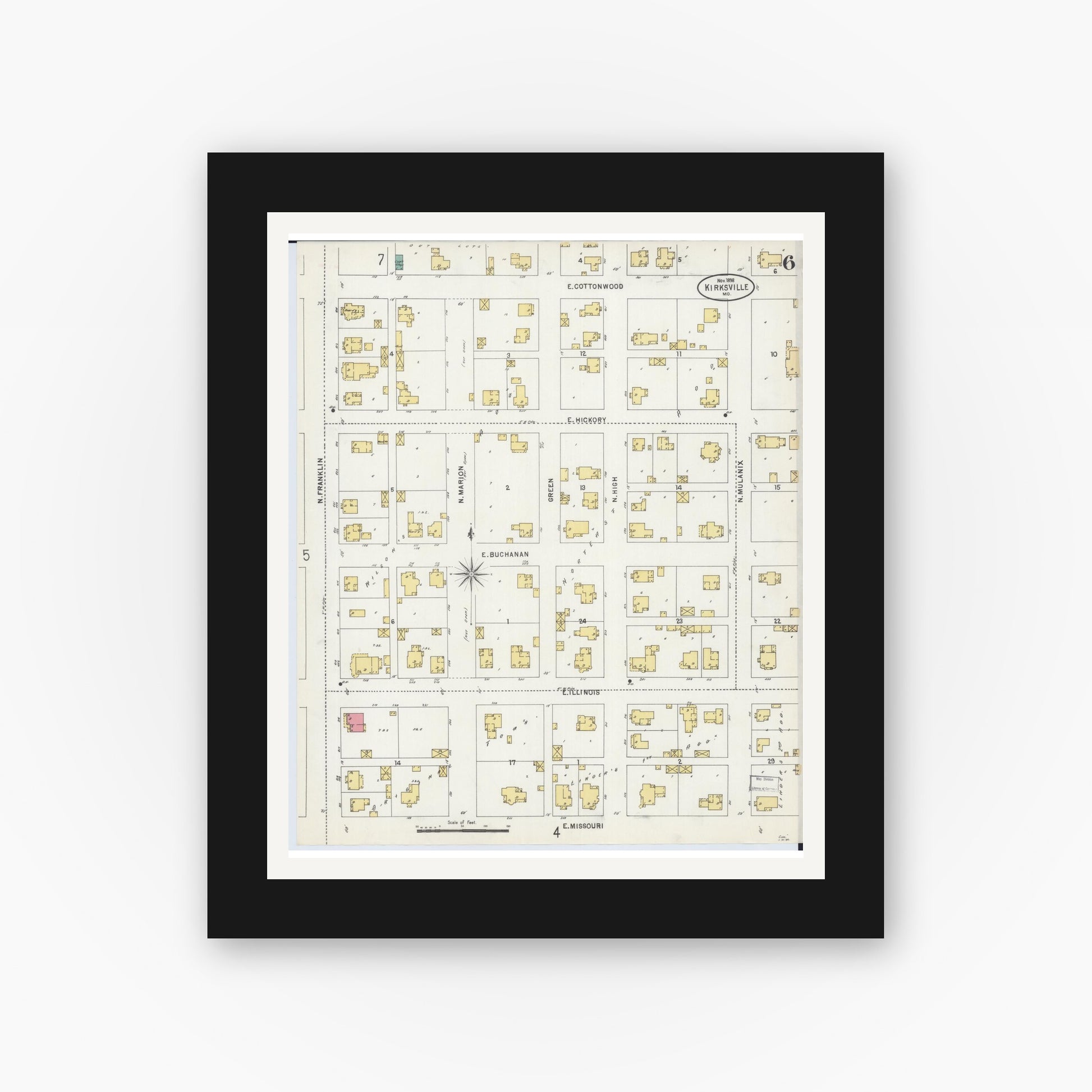 Old map wall art mockup — black gallery frame with white mat — Sanborn Fire Insurance Map from Kirksville, Adair County, Missouri (1898), Sheet #0006